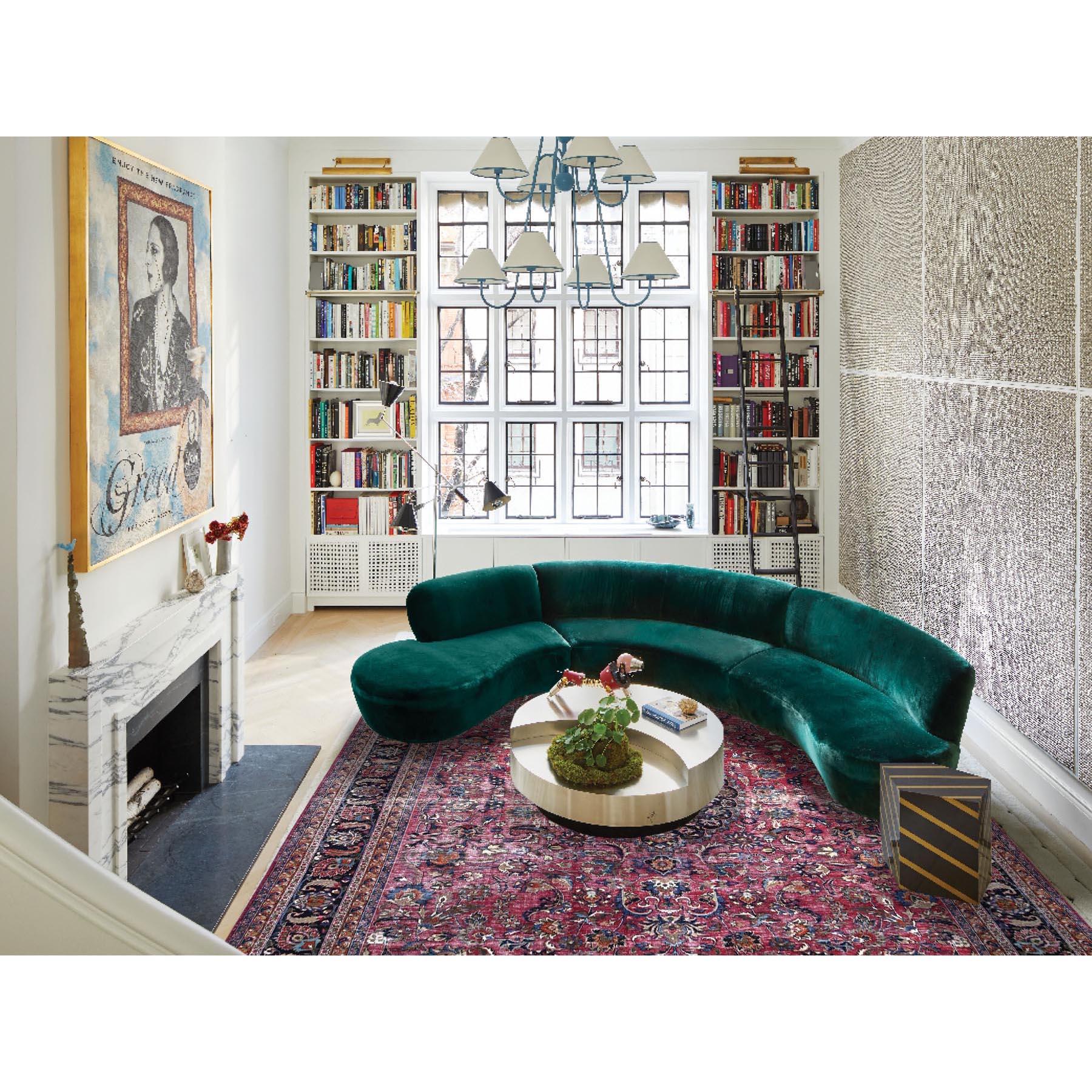 Médiéval Tapis persan Mashad vintage rouge cerise noué à la main et tondu en pure laine tondue, très propre en vente