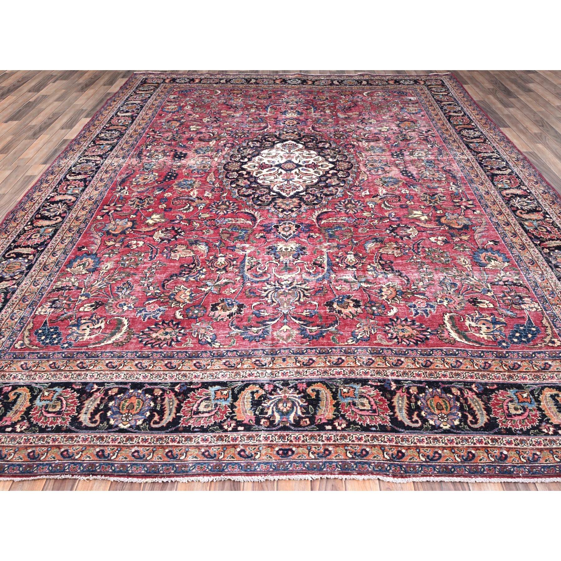 Hand-Knotted Cherry Red Vintage Persian Mashad Hand Knotted Pure Wool Sheared Low Clean Rug For Sale