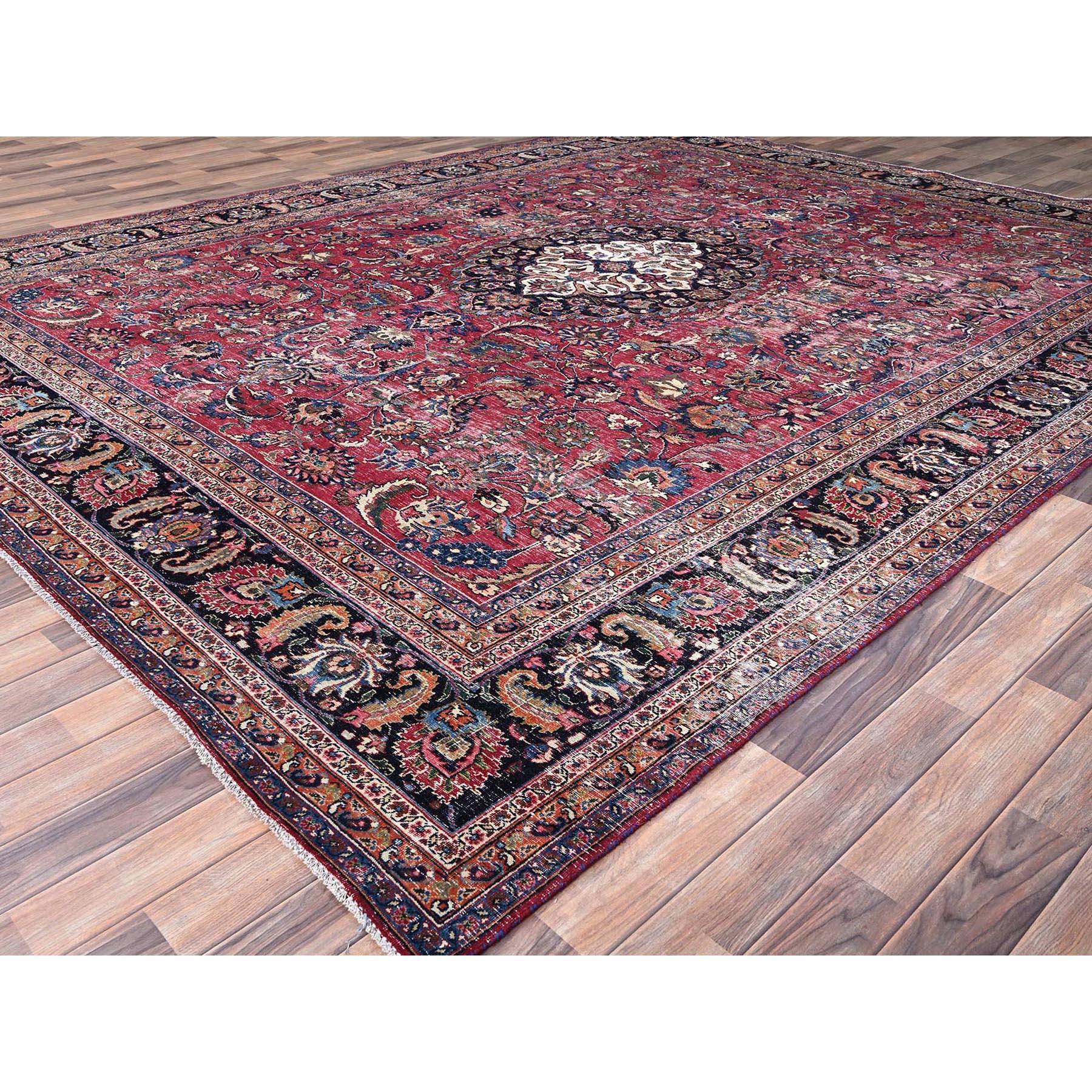 Cherry Red Vintage Persian Mashad Hand Knotted Pure Wool Sheared Low Clean Rug In Good Condition For Sale In Carlstadt, NJ