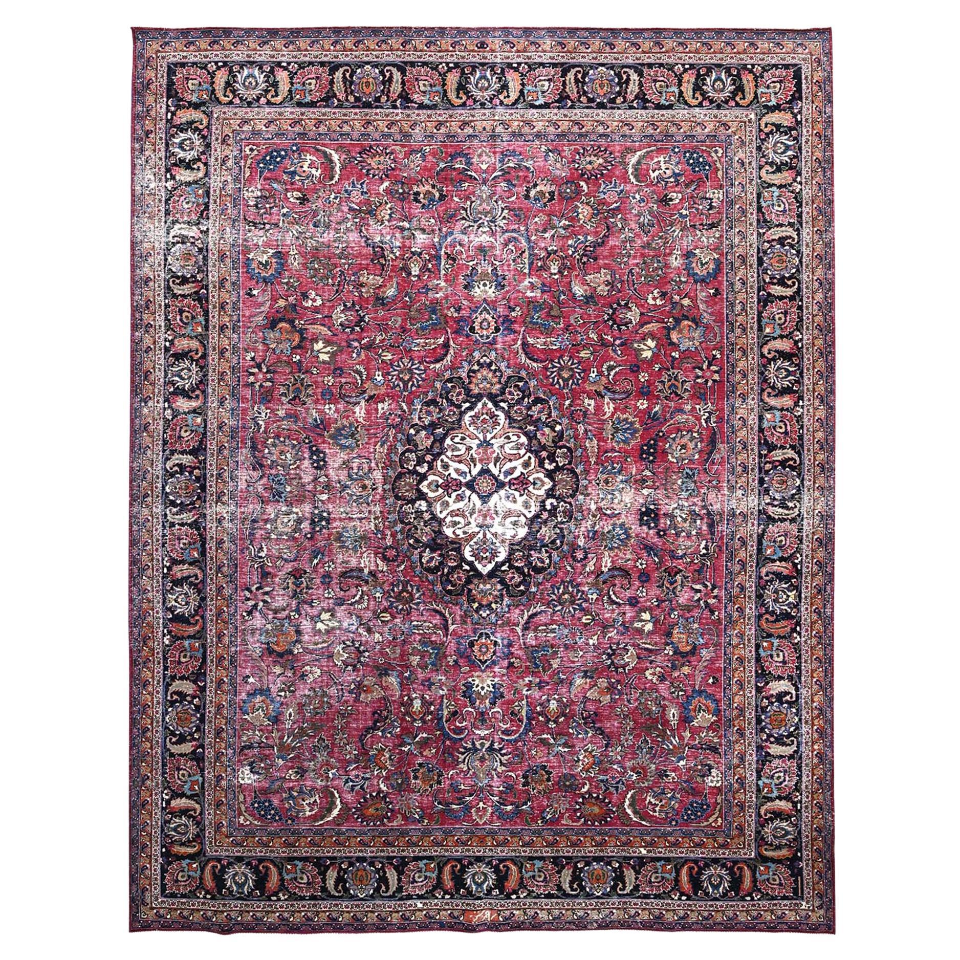 Cherry Red Vintage Persian Mashad Hand Knotted Pure Wool Sheared Low Clean Rug