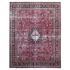 Cherry Red Retro Persian Mashad Hand Knotted Pure Wool Sheared Low Clean Rug