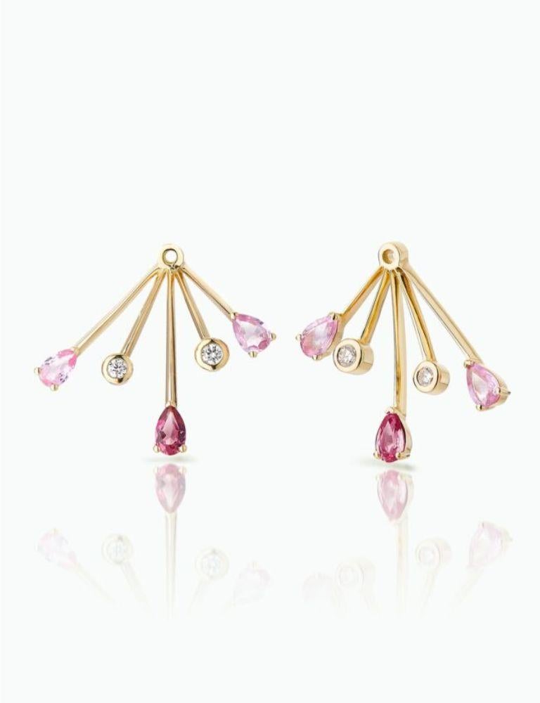 Modern, Versatile Ear Jacket and Stud. Handcrafted in 18 Carat Yellow Gold with Brilliant Cut Diamonds, Pear Shaped Pink Sapphires and Tourmalines.

Both stud and jacket can be worn together or separately. Perfect for those who like to transition
