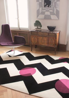 Rug Cherry Tree Pink  Geometric ZigZag Black White Beige Fuchsia Wool Carpets CC