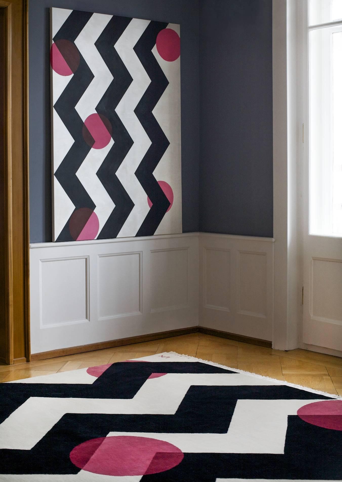 Teppich Kirschbaum Rosa  Geometrisches Zickzack Schwarz Weiß Beige Fuchsia Wool Carpets CC (Moderne) im Angebot
