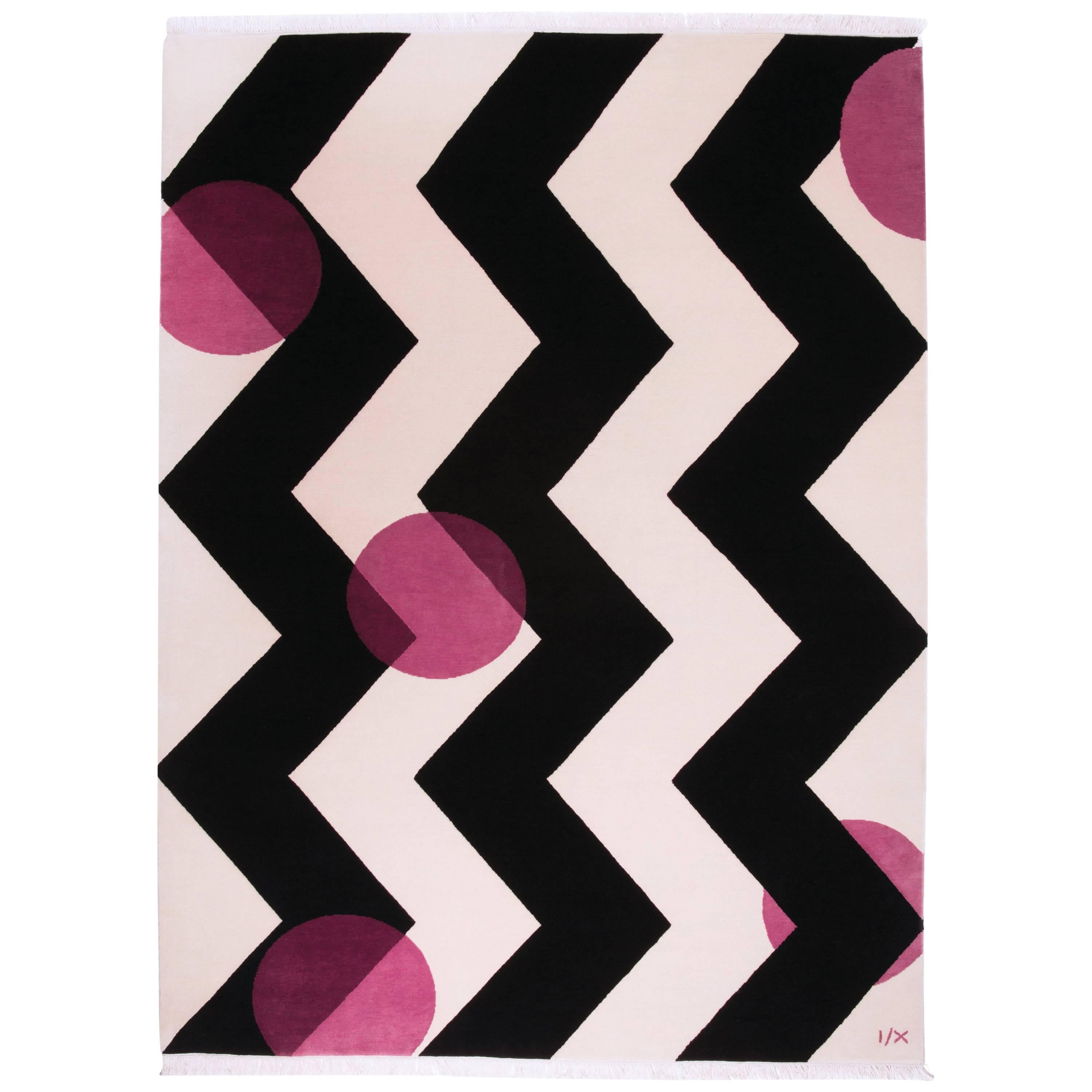 Rug Cherry Tree Pink  Geometric ZigZag Black White Beige Fuchsia Wool Carpets CC For Sale