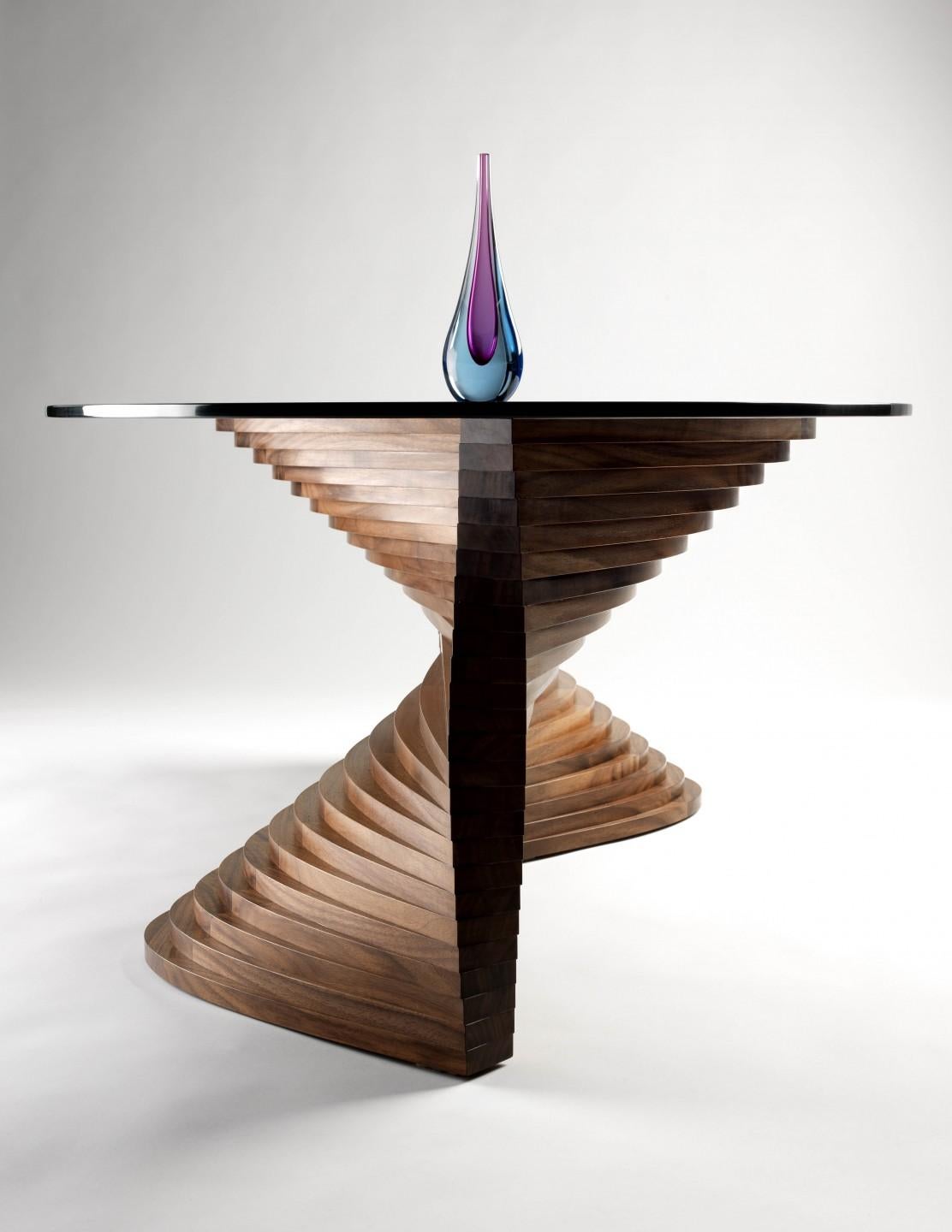 Cherry, Walnut and Glass Sidewinder I Coffee Table by David Tragen
Dimensions:  W 135 x D 75 x H 43.5 cm
Materials: Cherry, Walnut (solid), 10mm toughened glass.
Weight: 40 kg.

About: He left university with a degree in International Business in