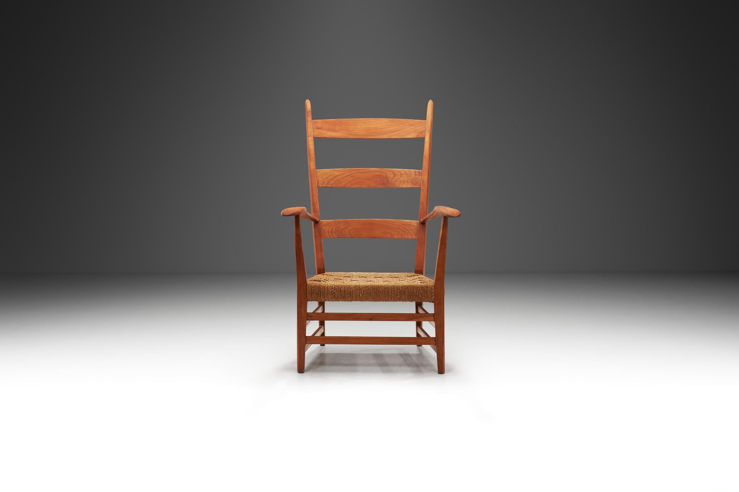Mid-Century moderno Poltrona in legno di ciliegio e corda di carta di Bas Van Pelt (Attr.), Paesi Bassi, 1940 in vendita