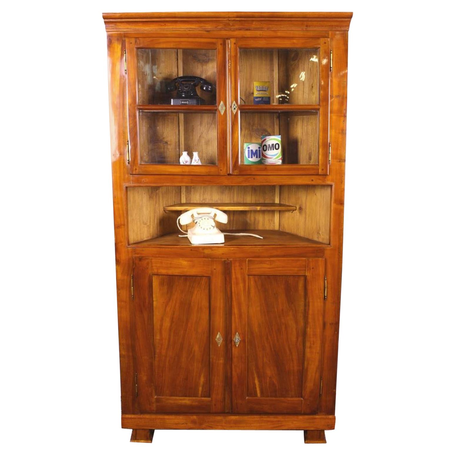 Cherry Wood Biedermeier Corner Vitrine Cabinet Glass Doors For Sale