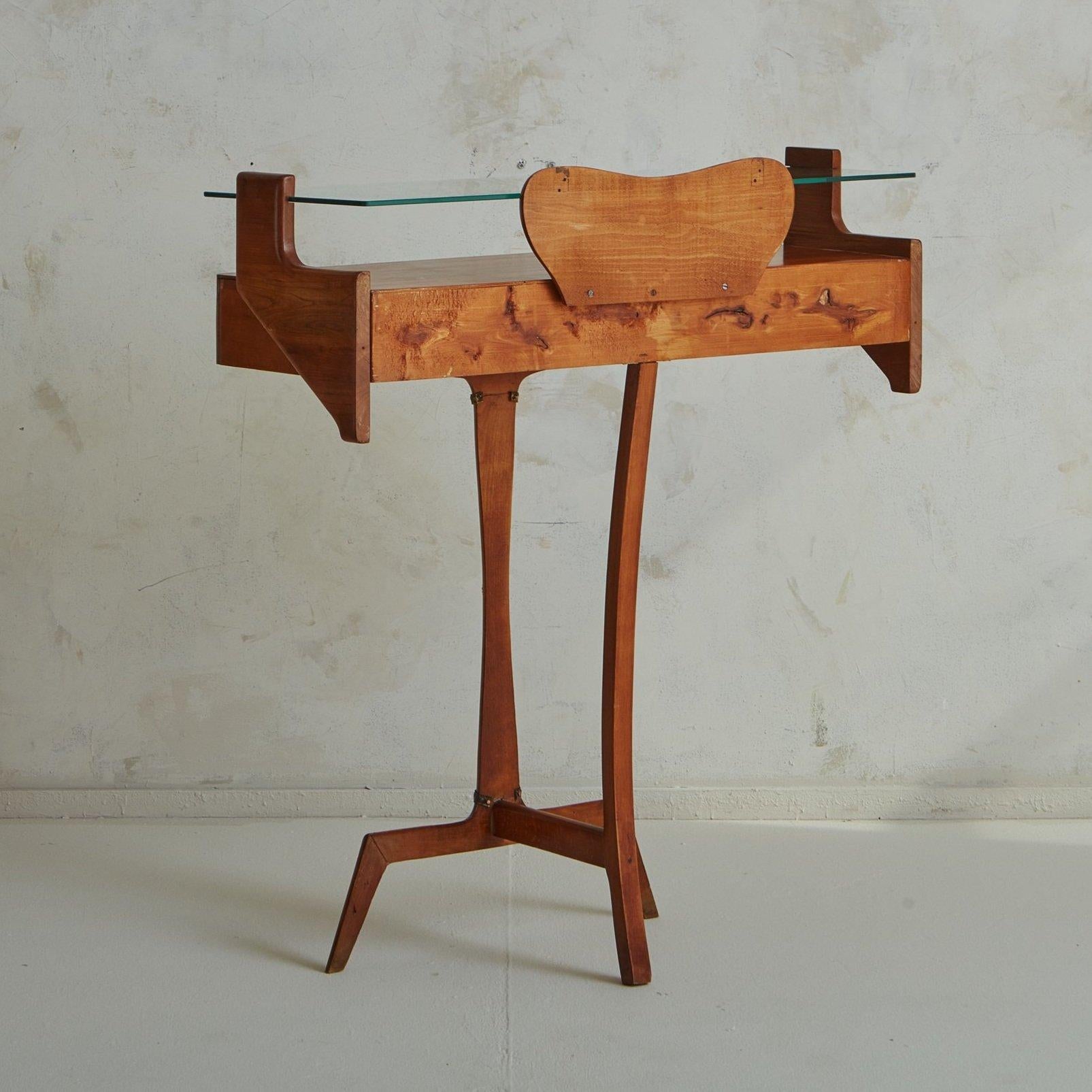 Italian Cherry Wood + Glass Console Table in the Style of Carlo Di Carli, Italy 1950s For Sale