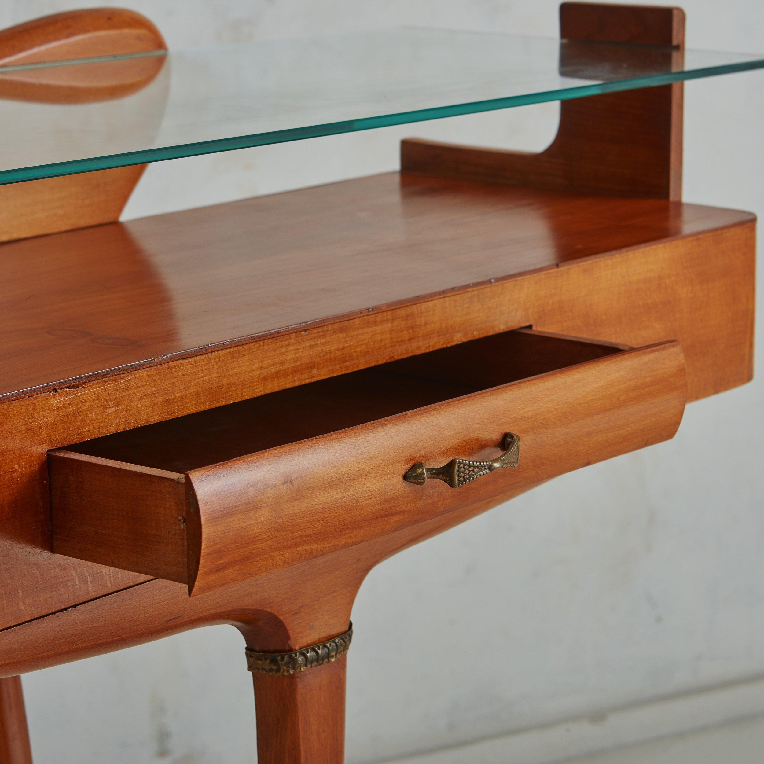 Cherry Wood + Glass Console Table in the Style of Carlo Di Carli, Italy 1950s In Good Condition For Sale In Chicago, IL