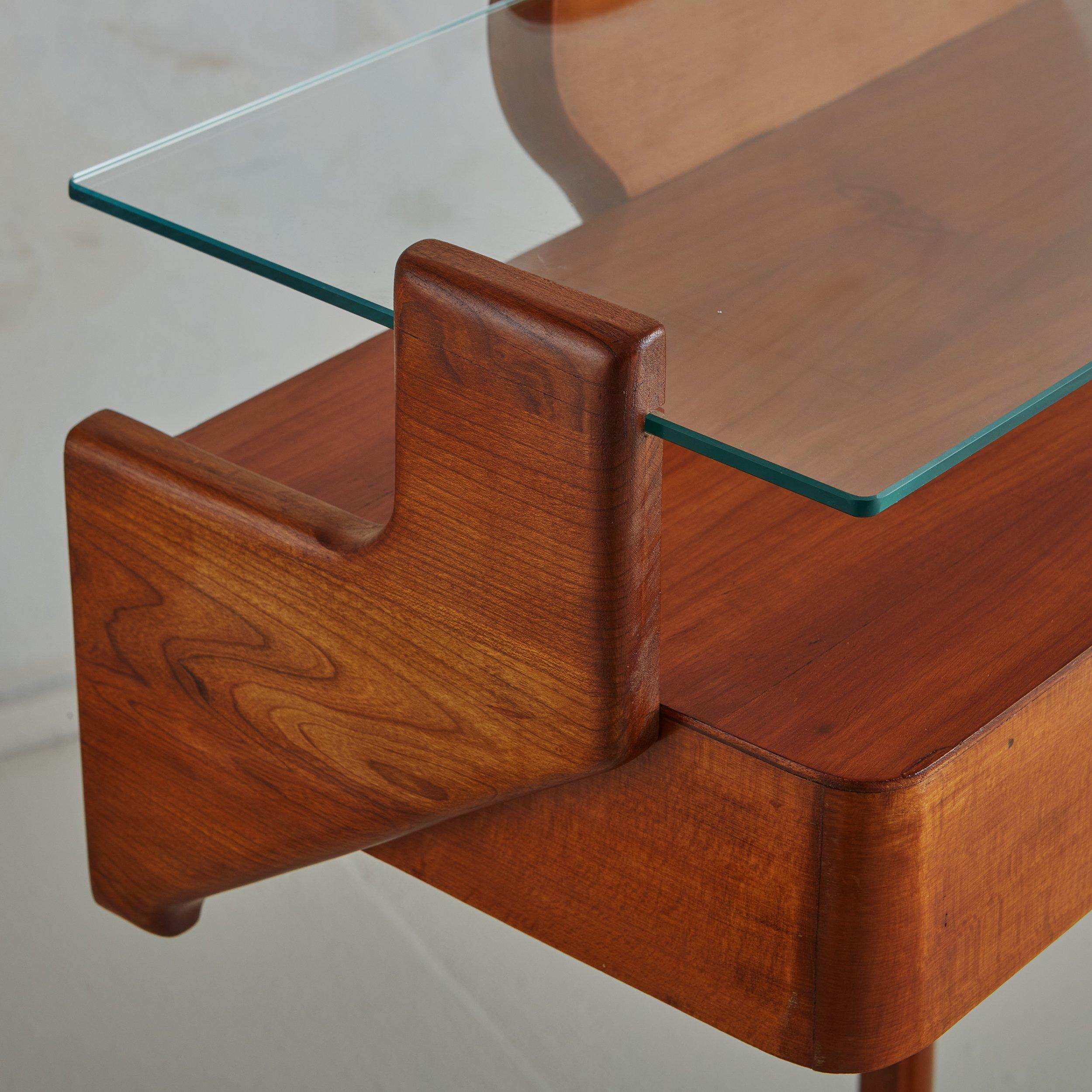 Mid-20th Century Cherry Wood + Glass Console Table in the Style of Carlo Di Carli, Italy 1950s For Sale