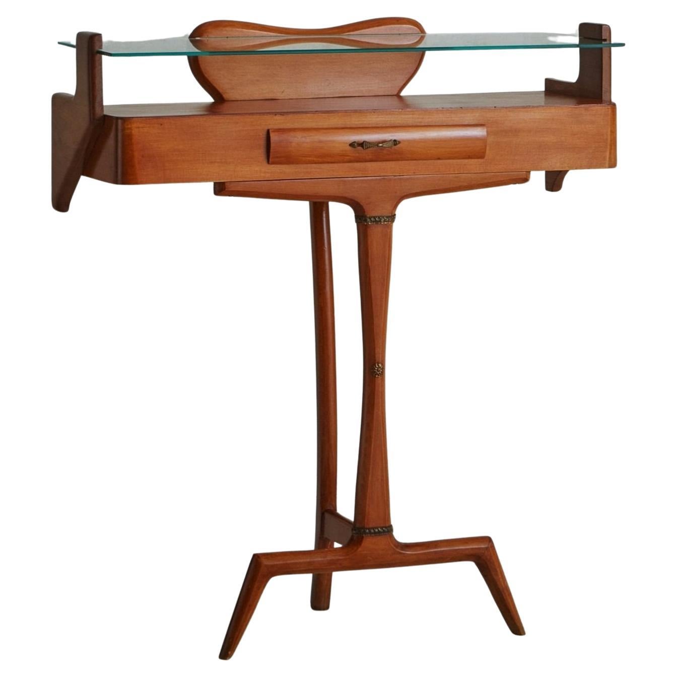 Cherry Wood + Glass Console Table in the Style of Carlo Di Carli, Italy 1950s For Sale
