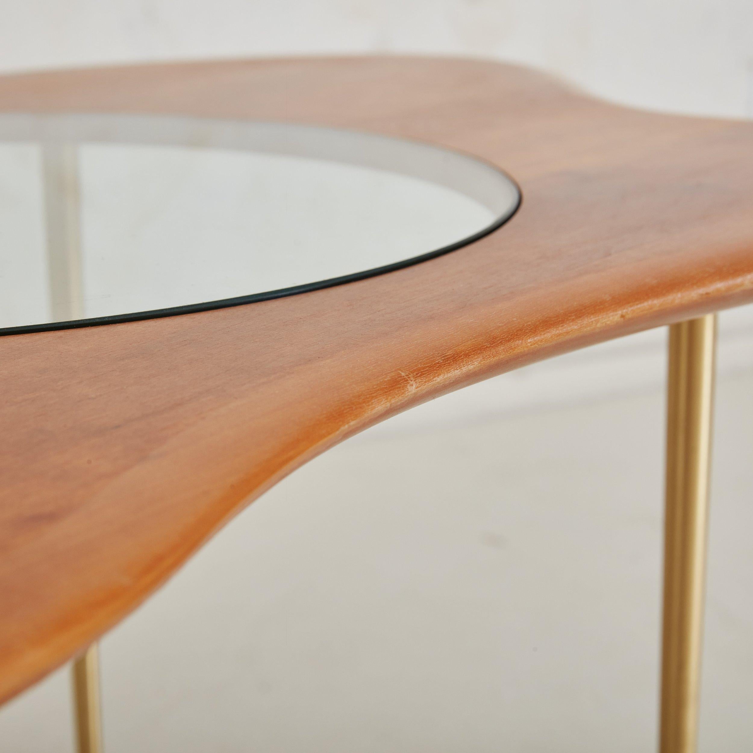 Cherry Wood + Glass Top Coffee Table with Brass Legs, Mid 20th Century For Sale 6