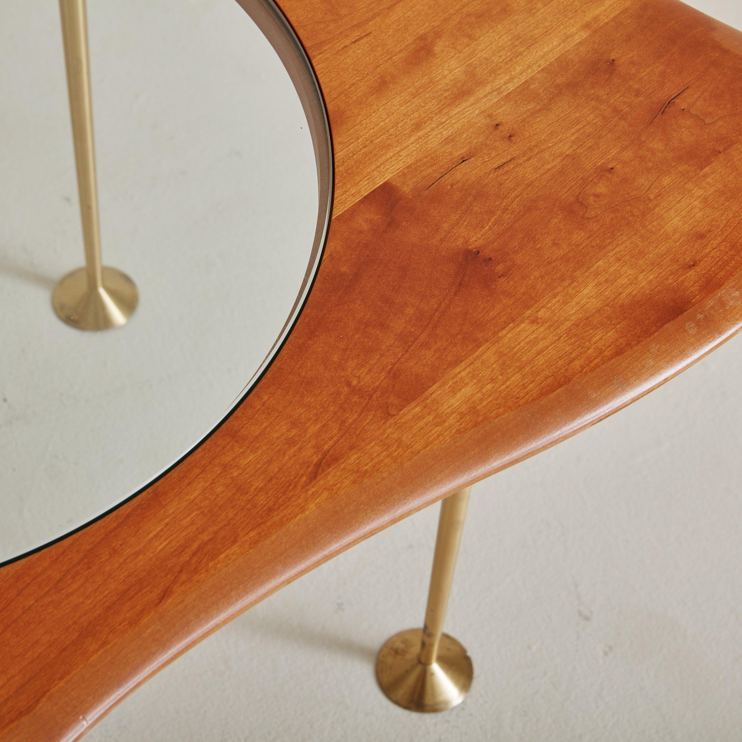 Cherry Wood + Glass Top Coffee Table with Brass Legs, Mid 20th Century In Good Condition For Sale In Chicago, IL