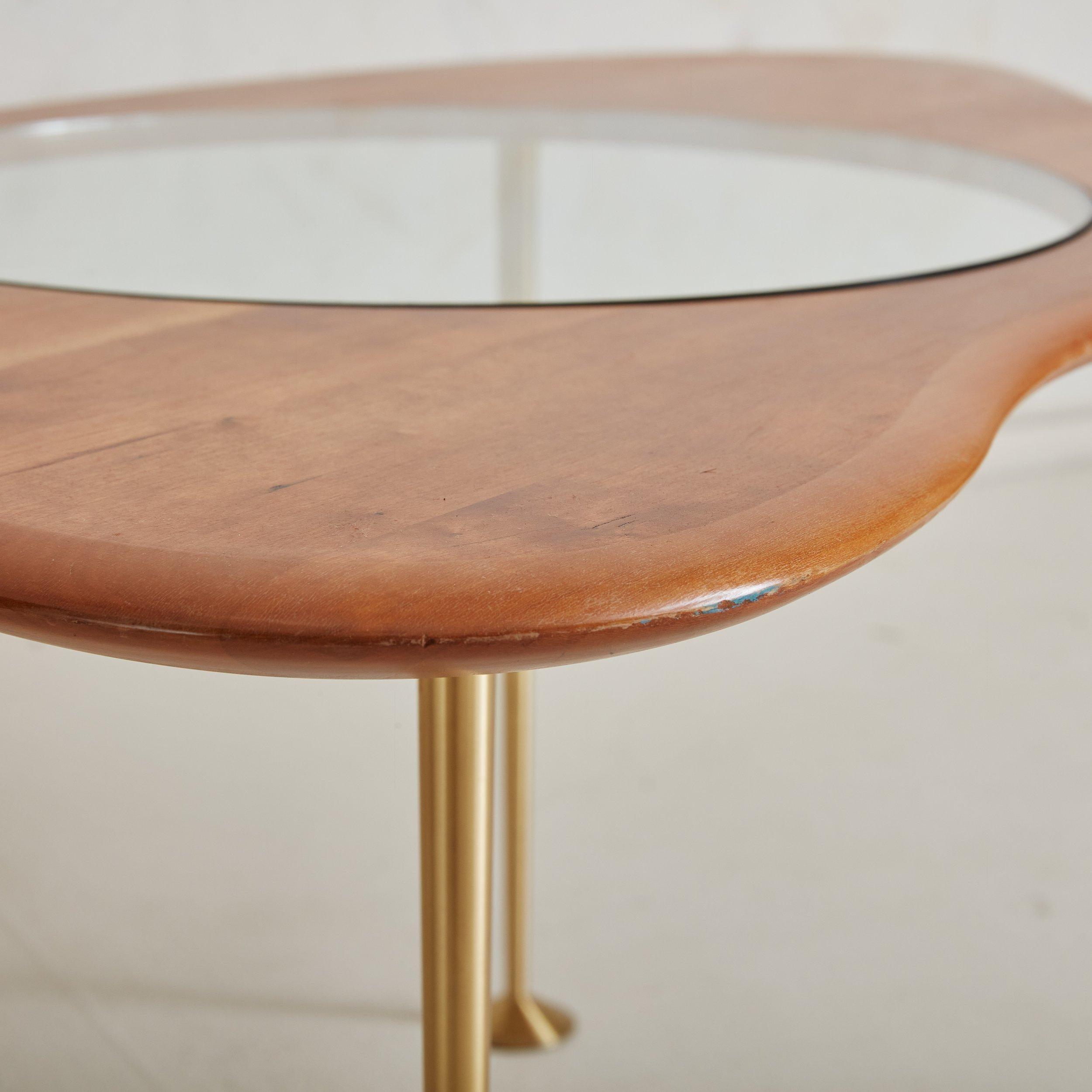 Cherry Wood + Glass Top Coffee Table with Brass Legs, Mid 20th Century For Sale 2