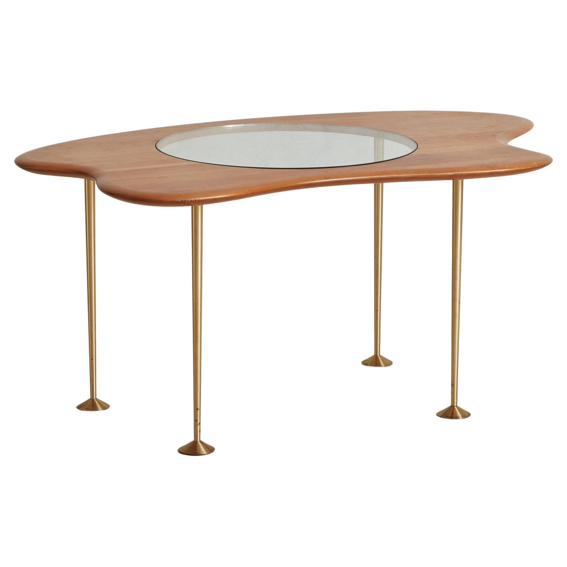 Cherry Wood + Glass Top Coffee Table with Brass Legs, Mid 20th Century