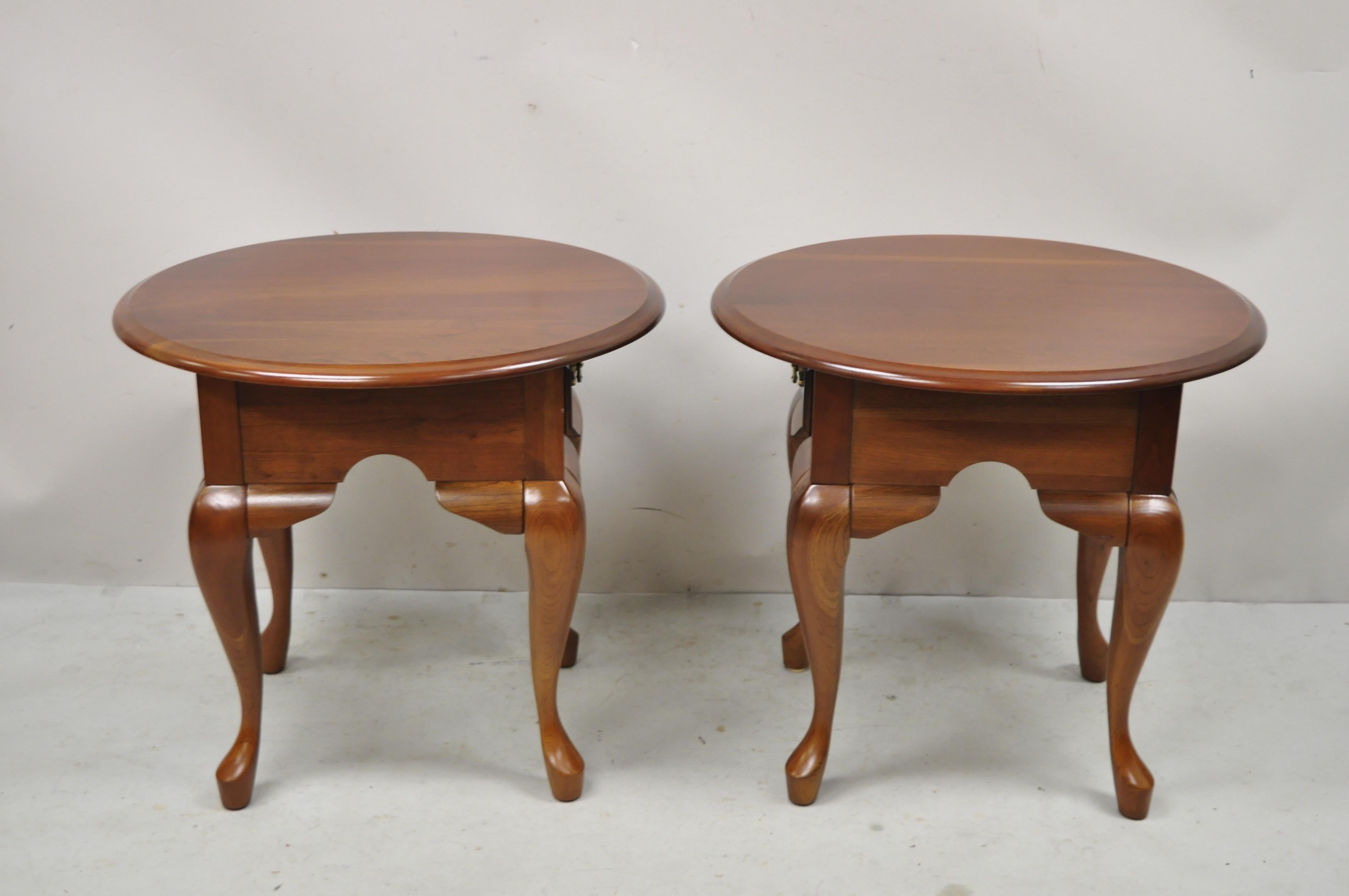 Cherry Wood Queen Anne One Drawer Oval Lamp Side End Tables, a Pair 1