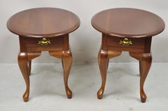 Cherry Wood Queen Anne One Drawer Oval Lamp Side End Tables, a Pair