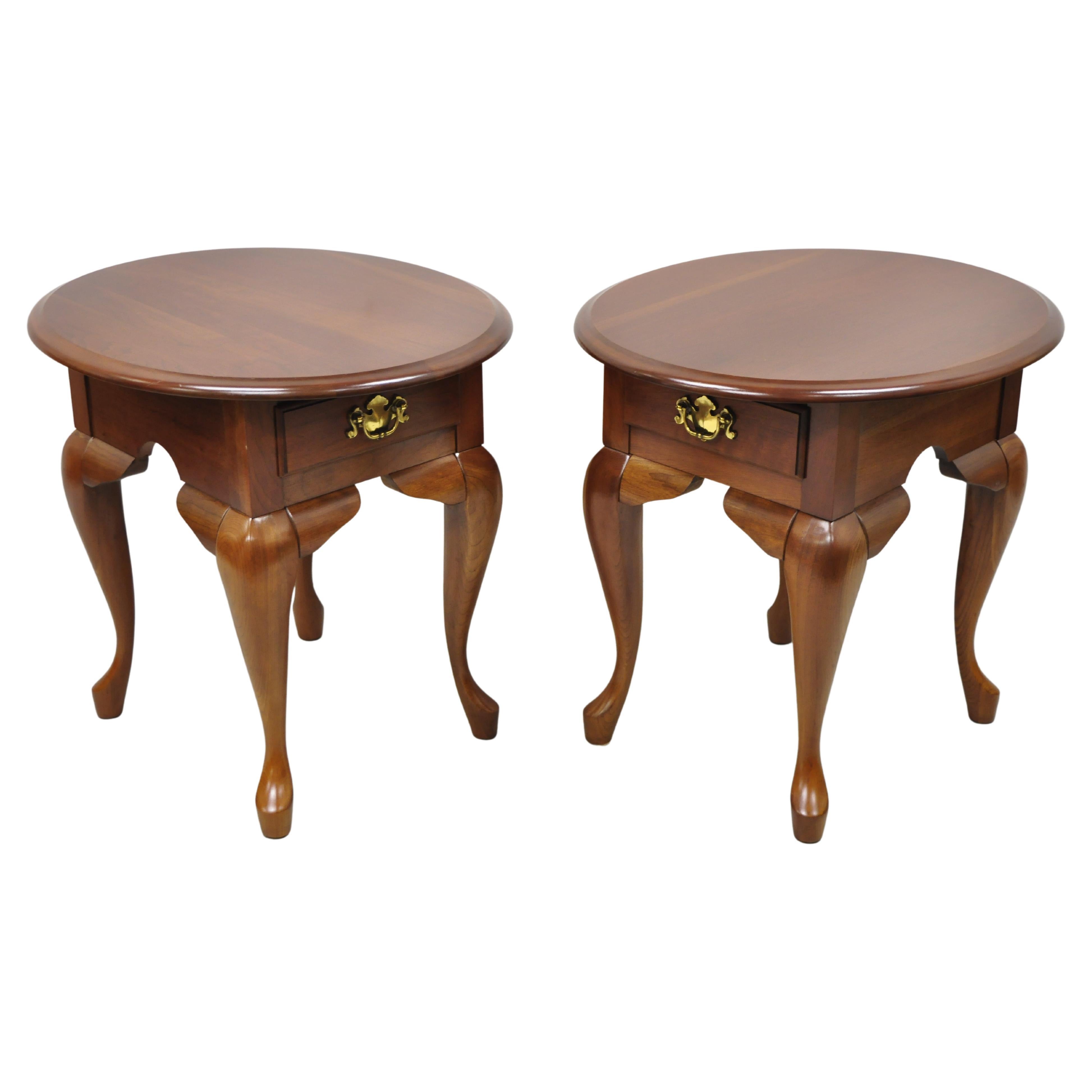 Cherry Wood Queen Anne One Drawer Oval Lamp Side End Tables, a Pair