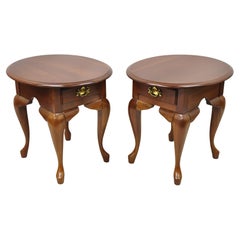 Vintage Cherry Wood Queen Anne One Drawer Oval Lamp Side End Tables, a Pair