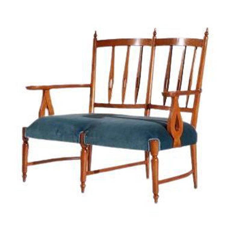 Cherry Wood Sofa and Padded Blue Velvet attributed to Nino Zoncada