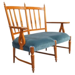 Sofa aus Kirschbaumholz und gepolstertem blauem Samt, Nino Zoncada zugeschrieben