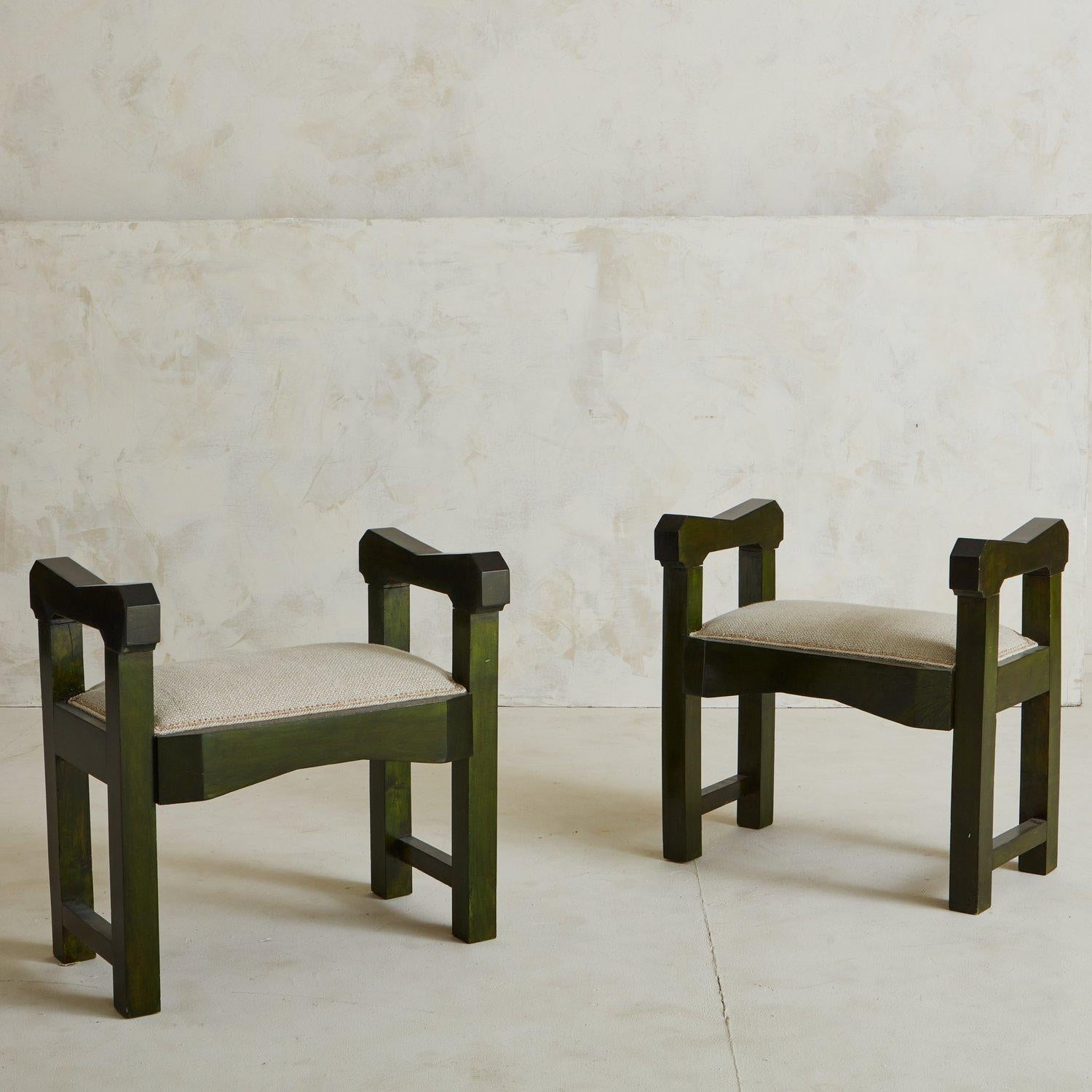 A unique stool in a green-stained cherry wood and upholstered seat in the style of Giacomo Cometti. The carved wood show off a distinct craftmanship, creating an understated but distinguished design. Italy, 1930s. Three available, priced