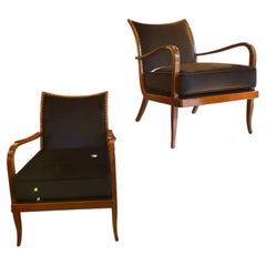 Cherrywood Armchairs in Art Deco Style with Black Velvet Cushions