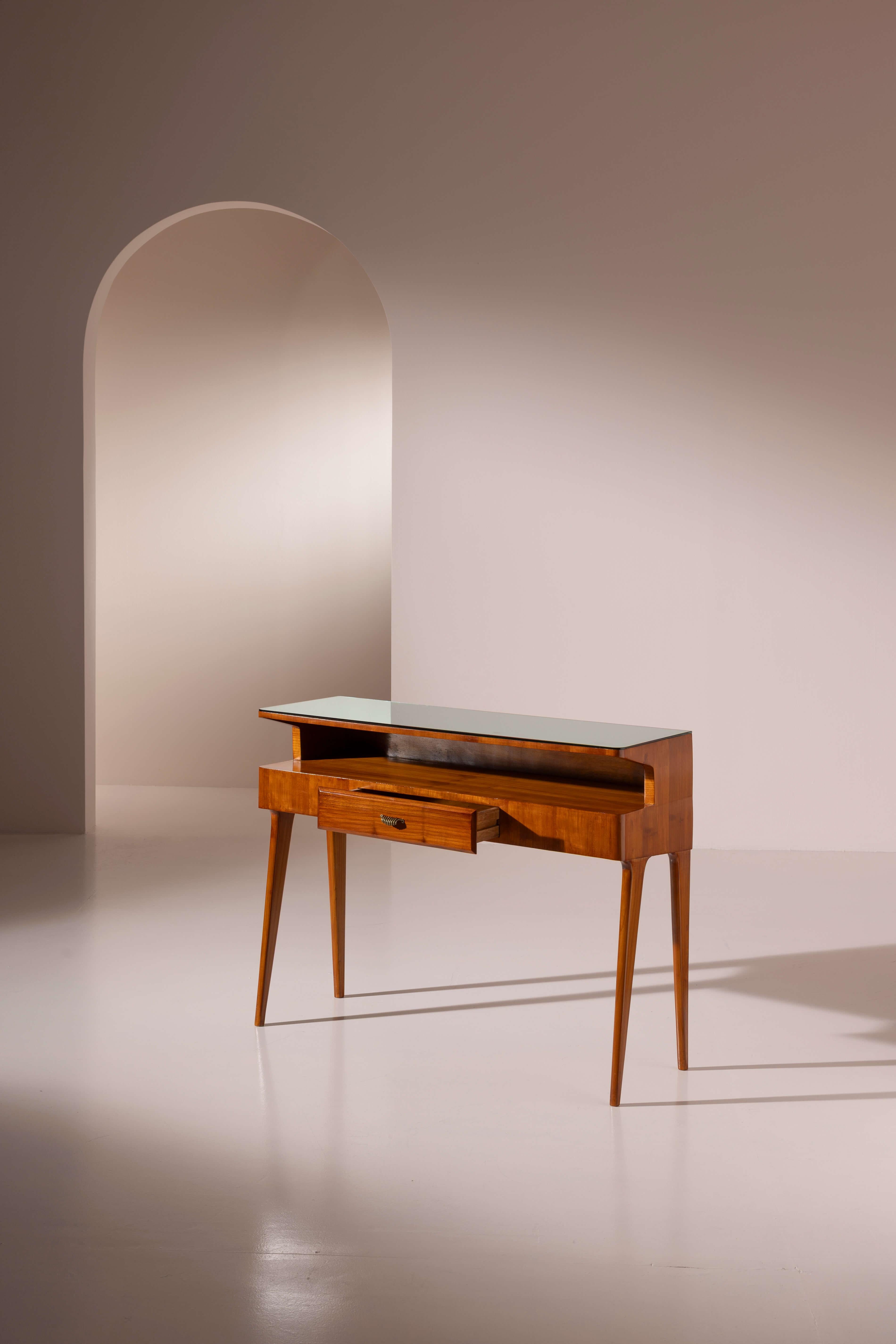 Mid-Century Modern Cherrywood console table with drawer and glass top, Italian manufacture, 1950s For Sale
