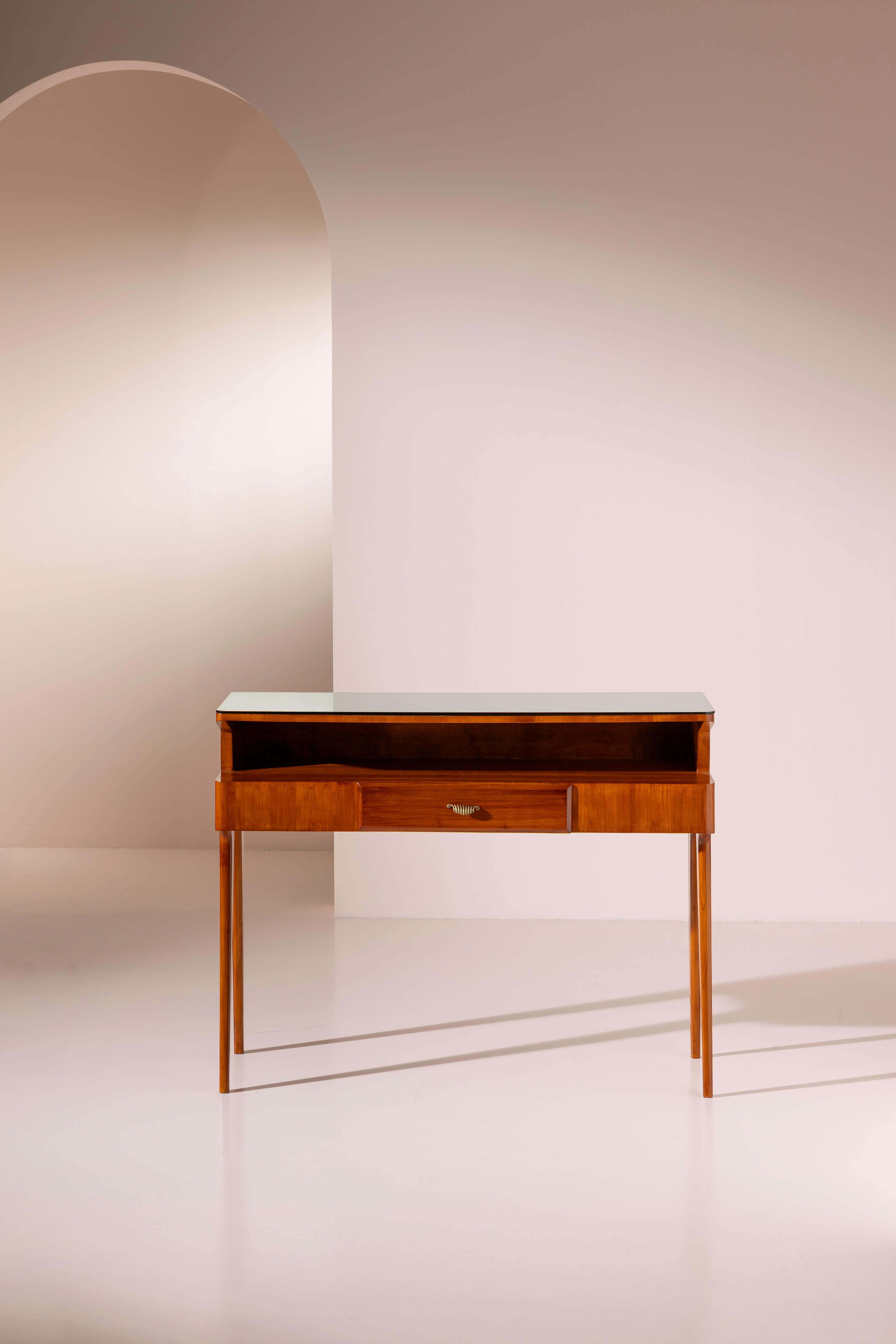 Mid-20th Century Cherrywood console table with drawer and glass top, Italian manufacture, 1950s For Sale