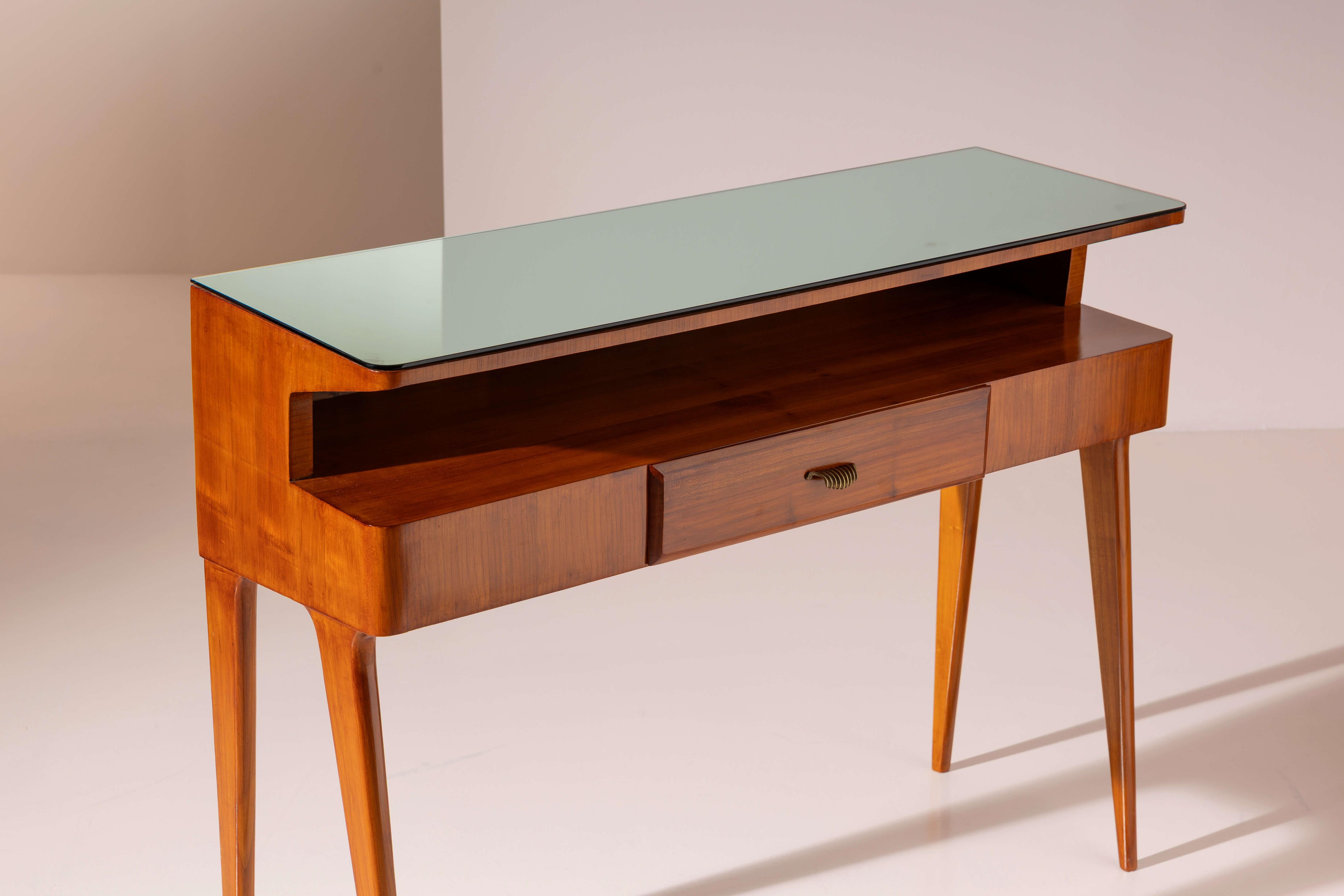 Glass Cherrywood console table with drawer and glass top, Italian manufacture, 1950s For Sale