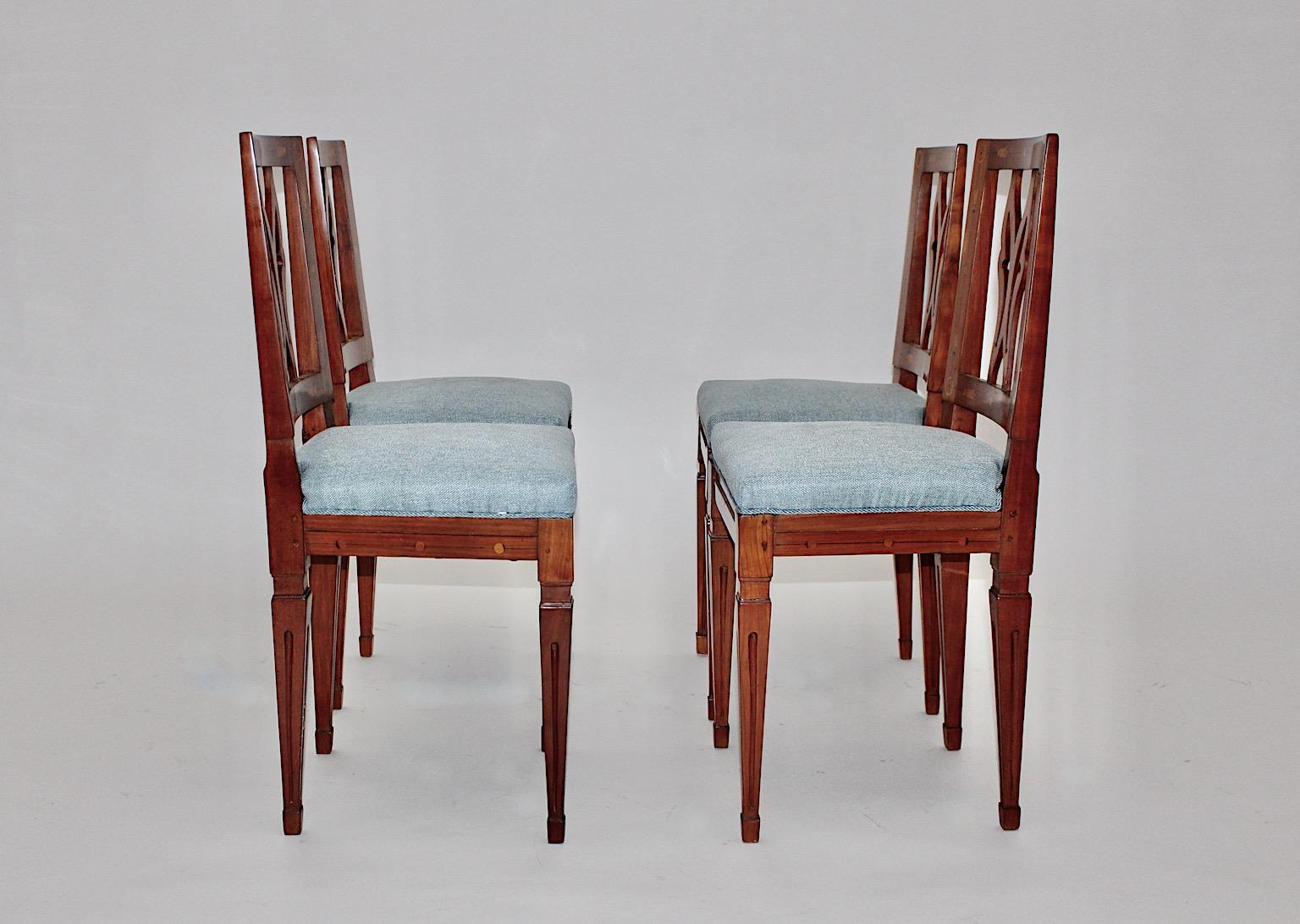 Cherrywood Maple Blue Upholstery Dining Chairs Set of Four circa 1780 Austria 3
