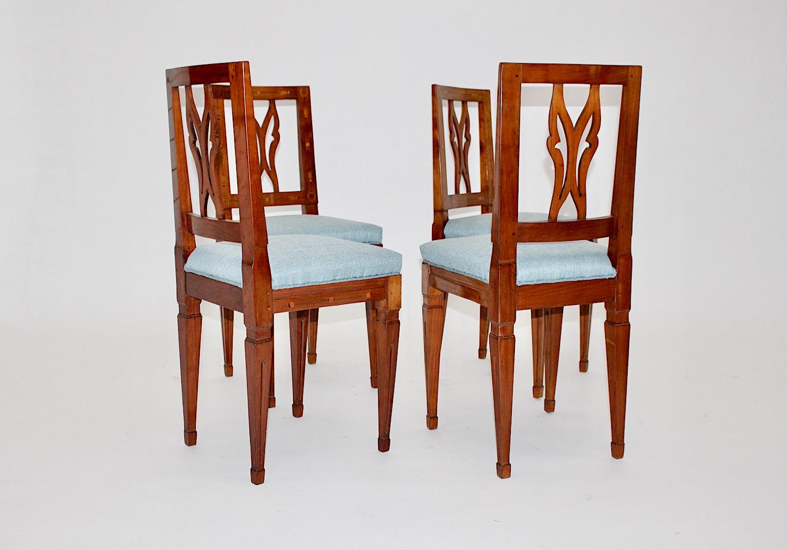 Cherrywood Maple Blue Upholstery Dining Chairs Set of Four circa 1780 Austria 4