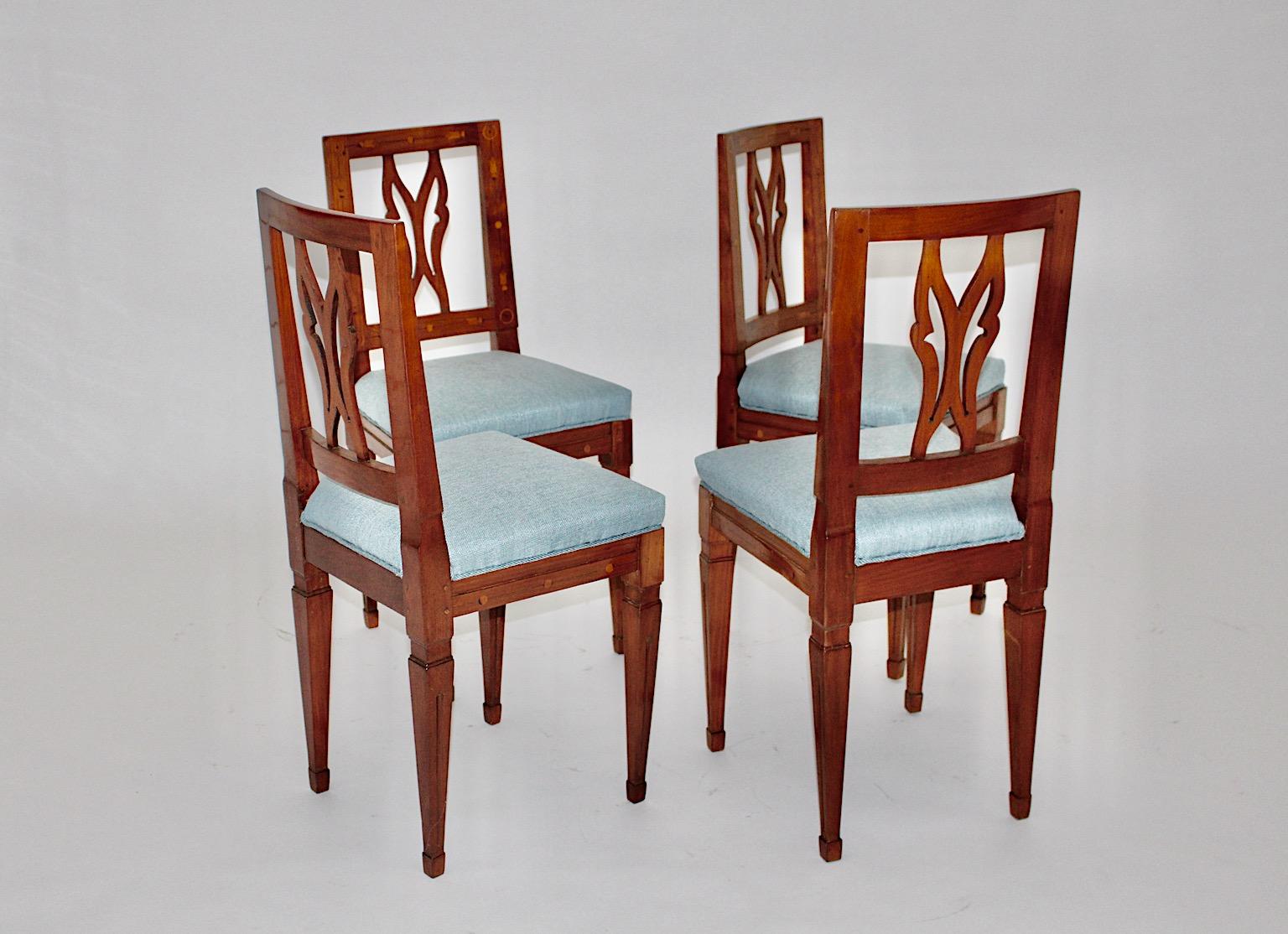 Cherrywood Maple Blue Upholstery Dining Chairs Set of Four circa 1780 Austria 5