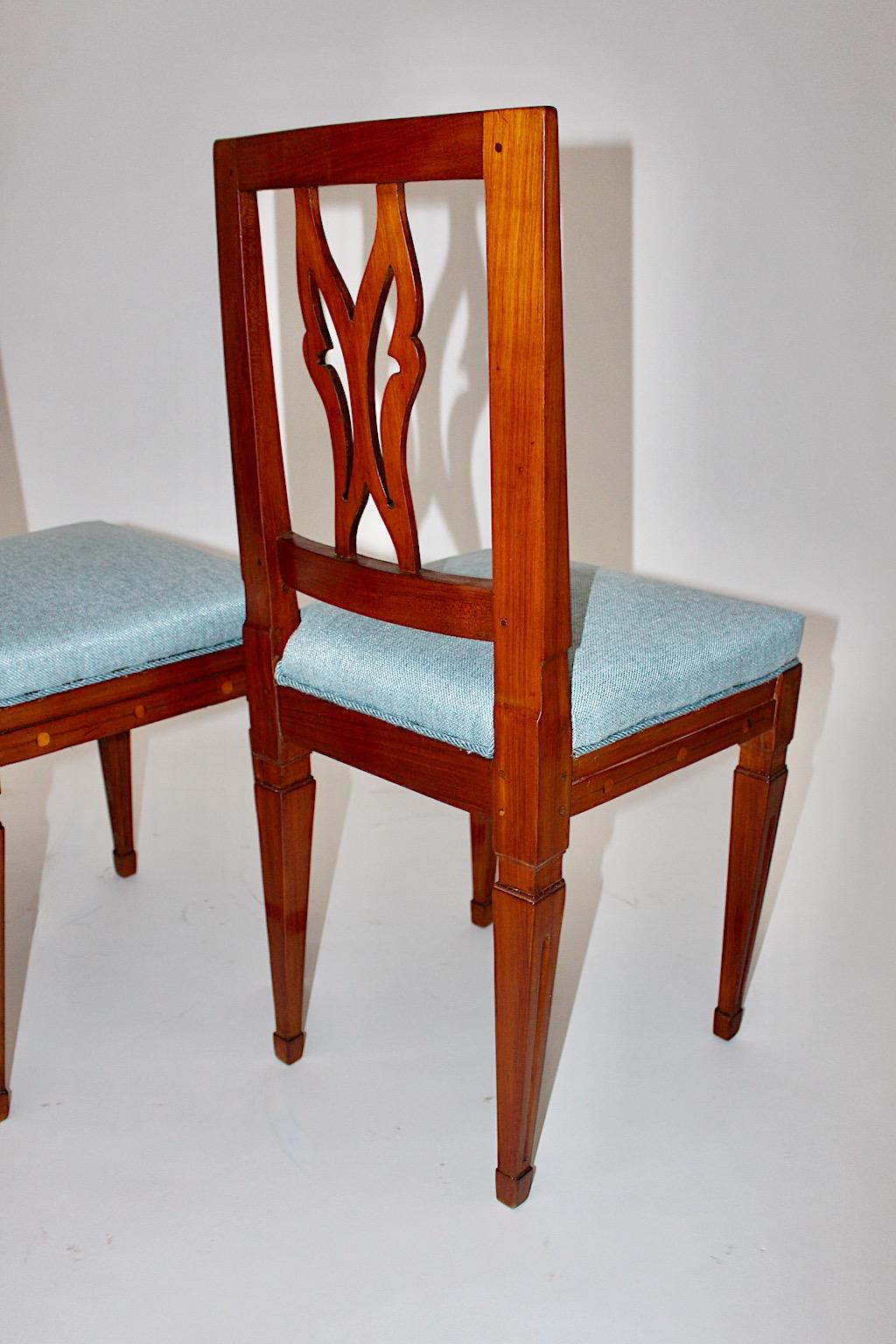 Cherrywood Maple Blue Upholstery Dining Chairs Set of Four circa 1780 Austria 6