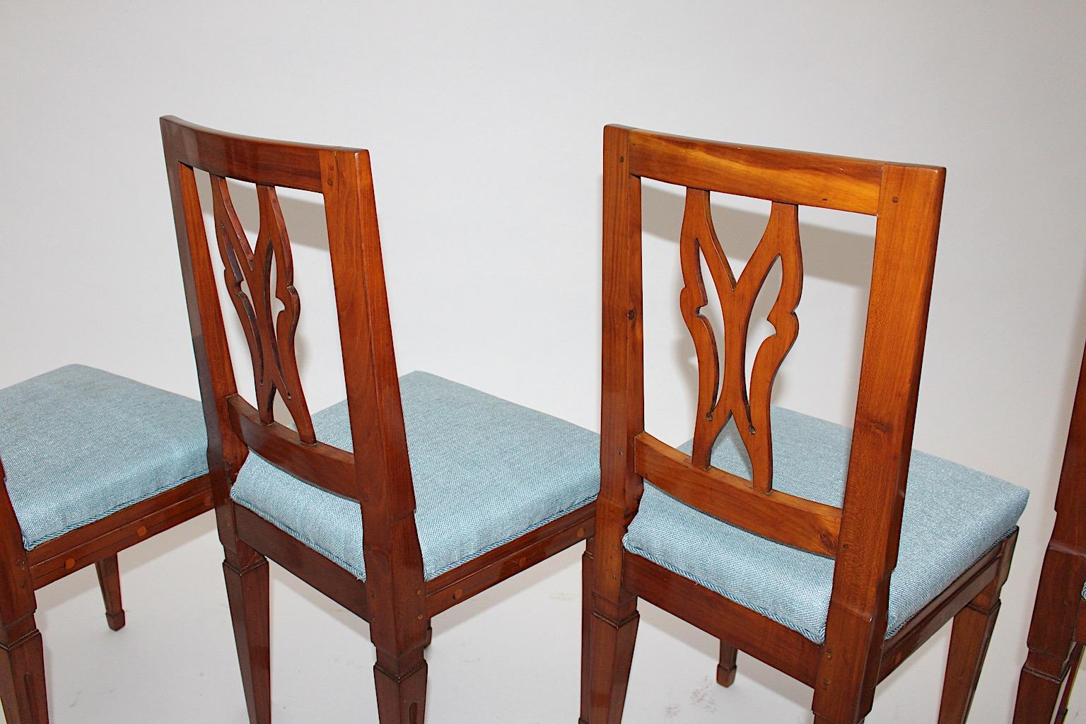 Cherrywood Maple Blue Upholstery Dining Chairs Set of Four circa 1780 Austria 8