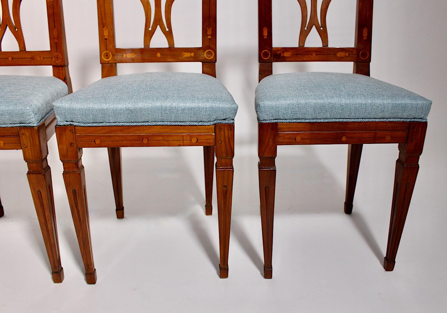Cherrywood Maple Blue Upholstery Dining Chairs Set of Four circa 1780 Austria 9