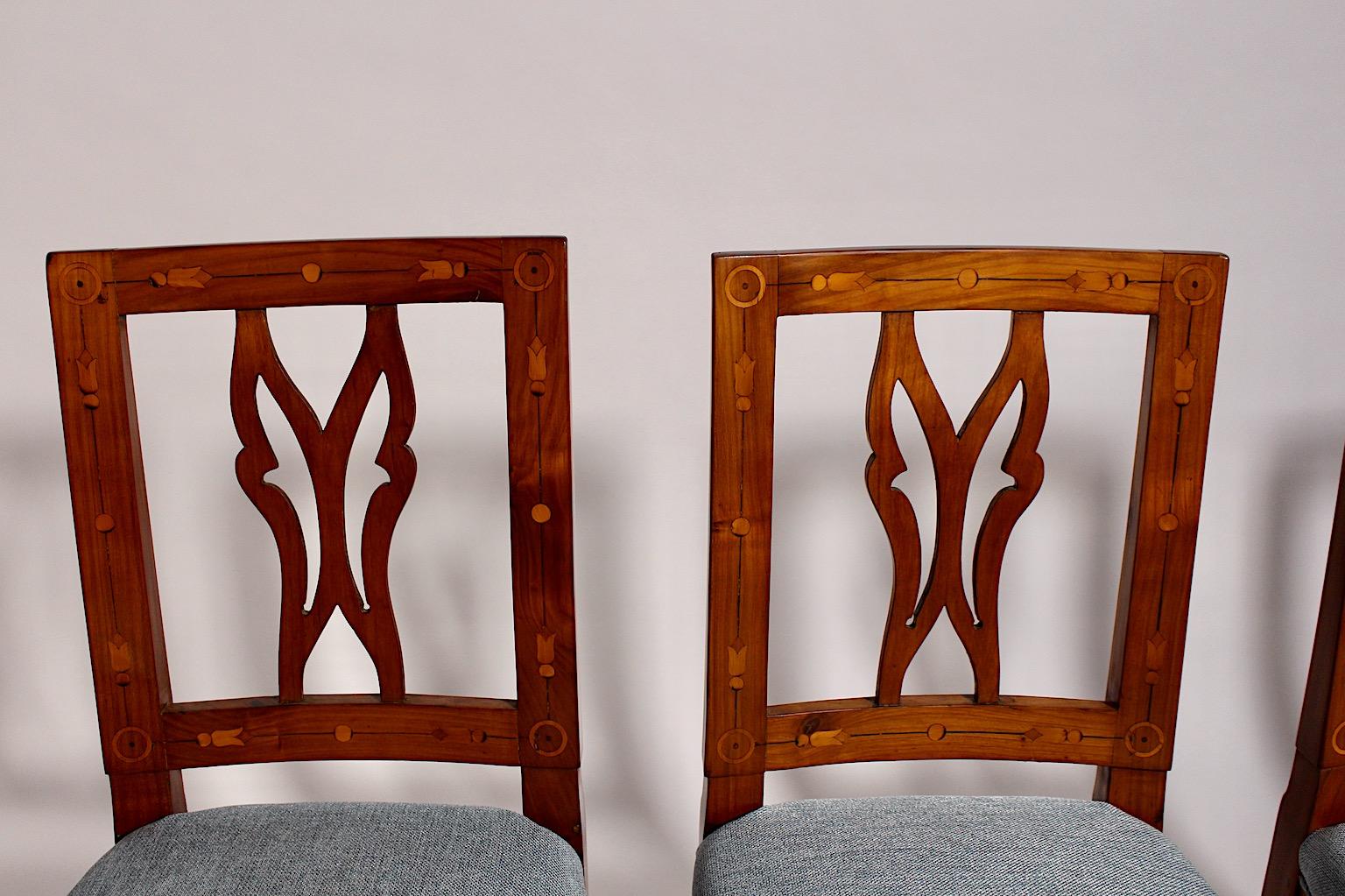 Cherrywood Maple Blue Upholstery Dining Chairs Set of Four circa 1780 Austria 11