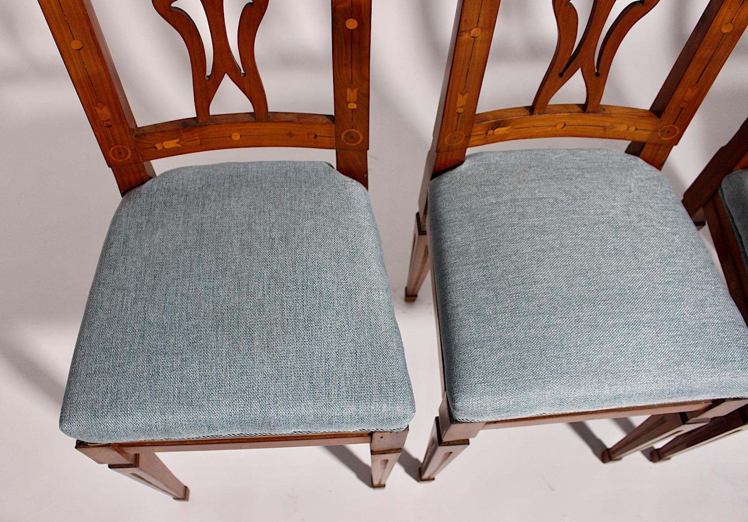 Cherrywood Maple Blue Upholstery Dining Chairs Set of Four circa 1780 Austria 12