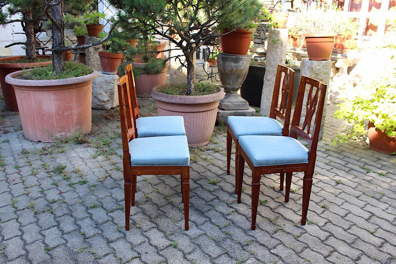 Baroque Cherrywood Maple Blue Upholstery Dining Chairs Set of Four circa 1780 Austria
