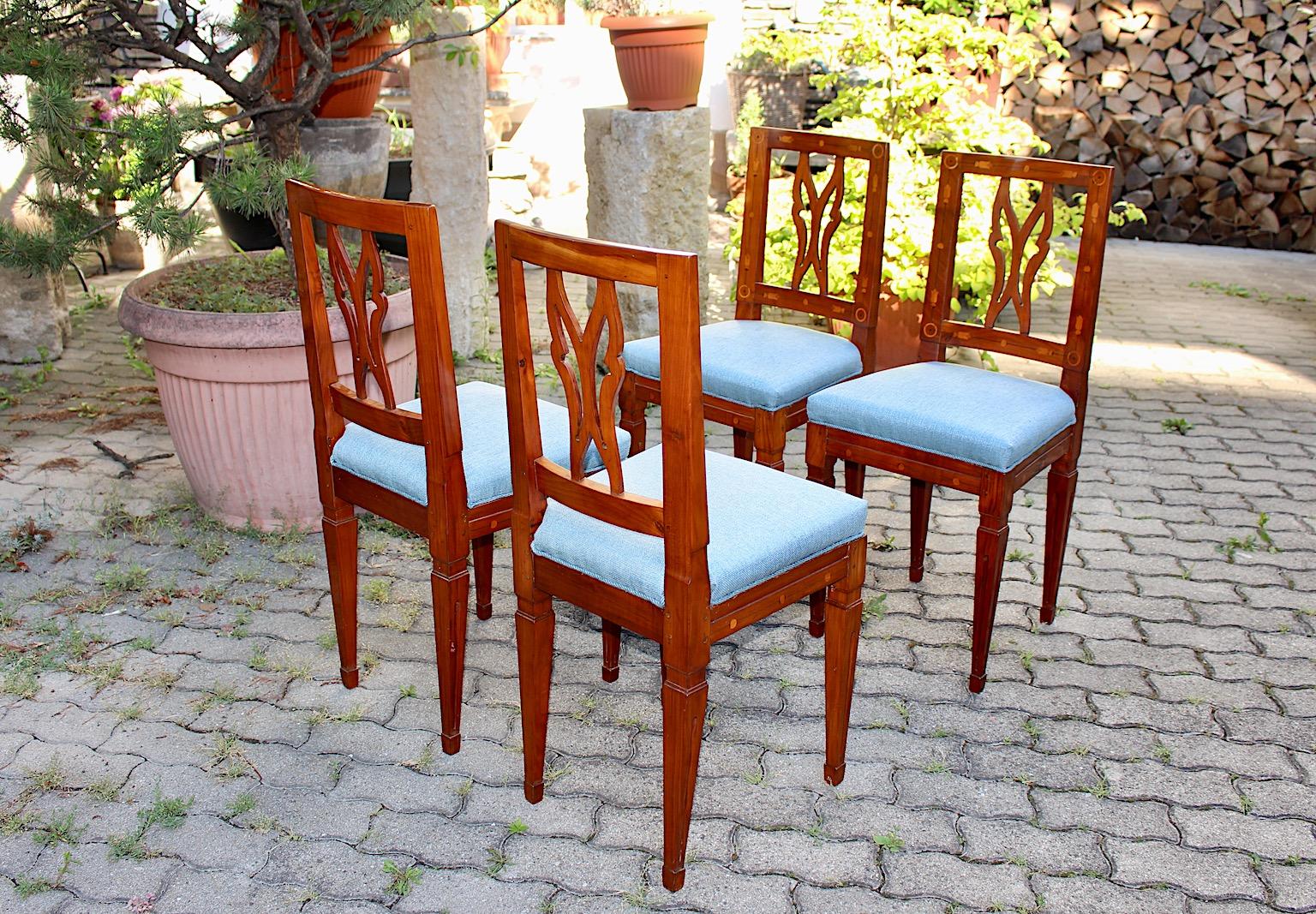 Austrian Cherrywood Maple Blue Upholstery Dining Chairs Set of Four circa 1780 Austria