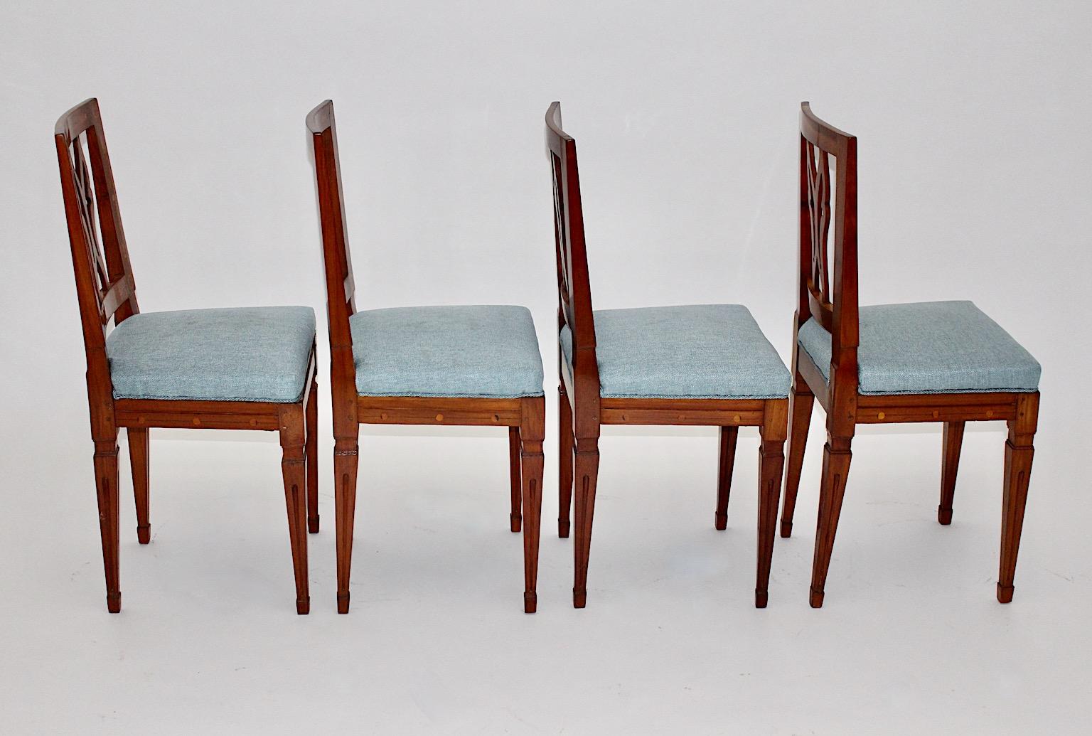 Late 18th Century Cherrywood Maple Blue Upholstery Dining Chairs Set of Four circa 1780 Austria