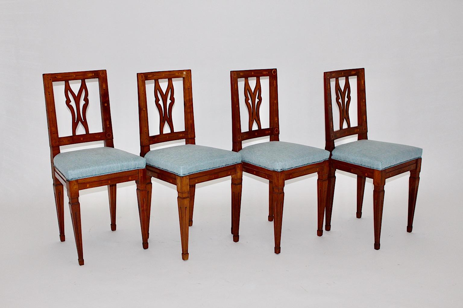 Cherrywood Maple Blue Upholstery Dining Chairs Set of Four circa 1780 Austria 1