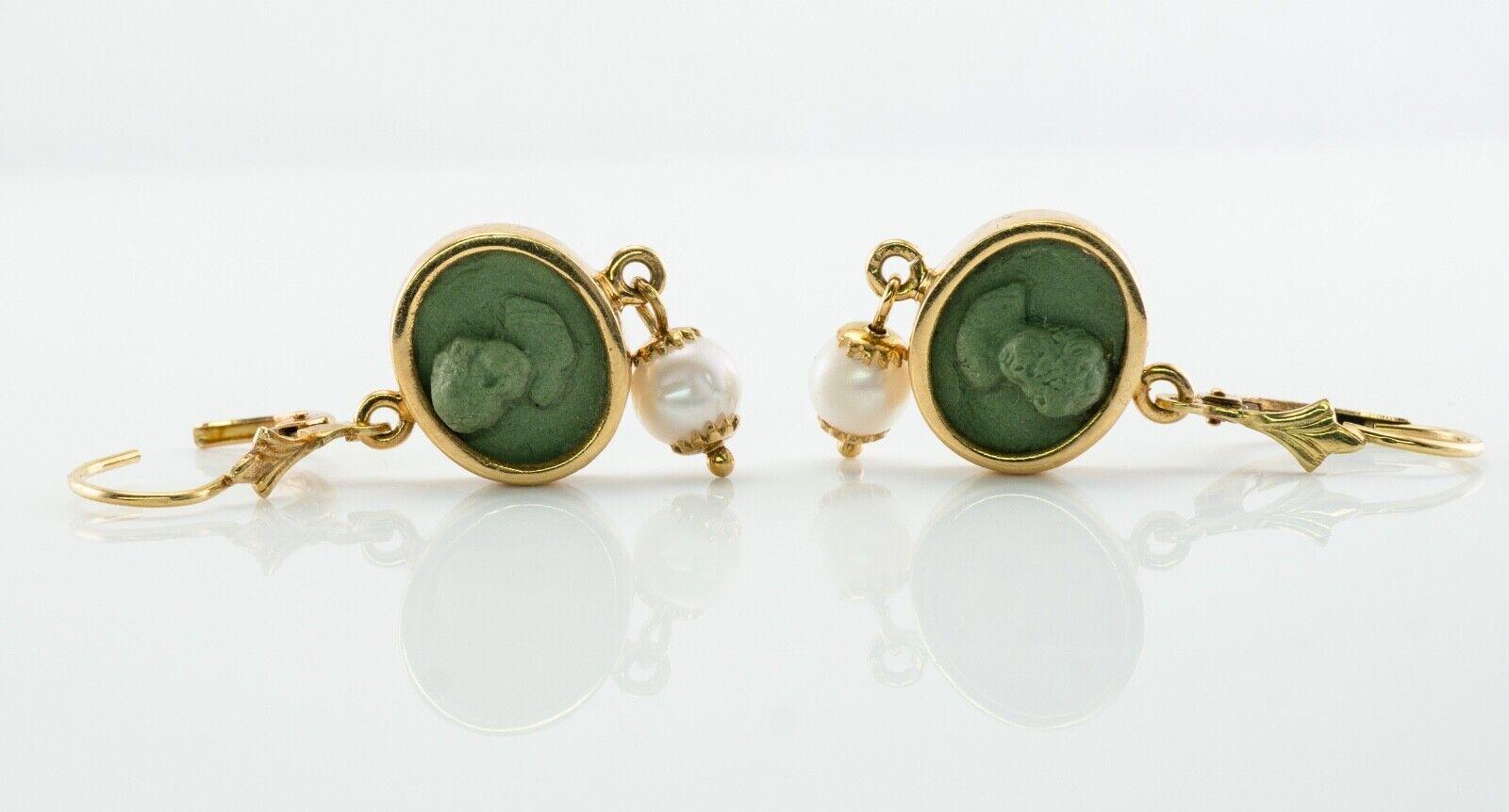 Women's Cherub Angel Cameo Pearl Lava Earrings 18K Gold For Sale