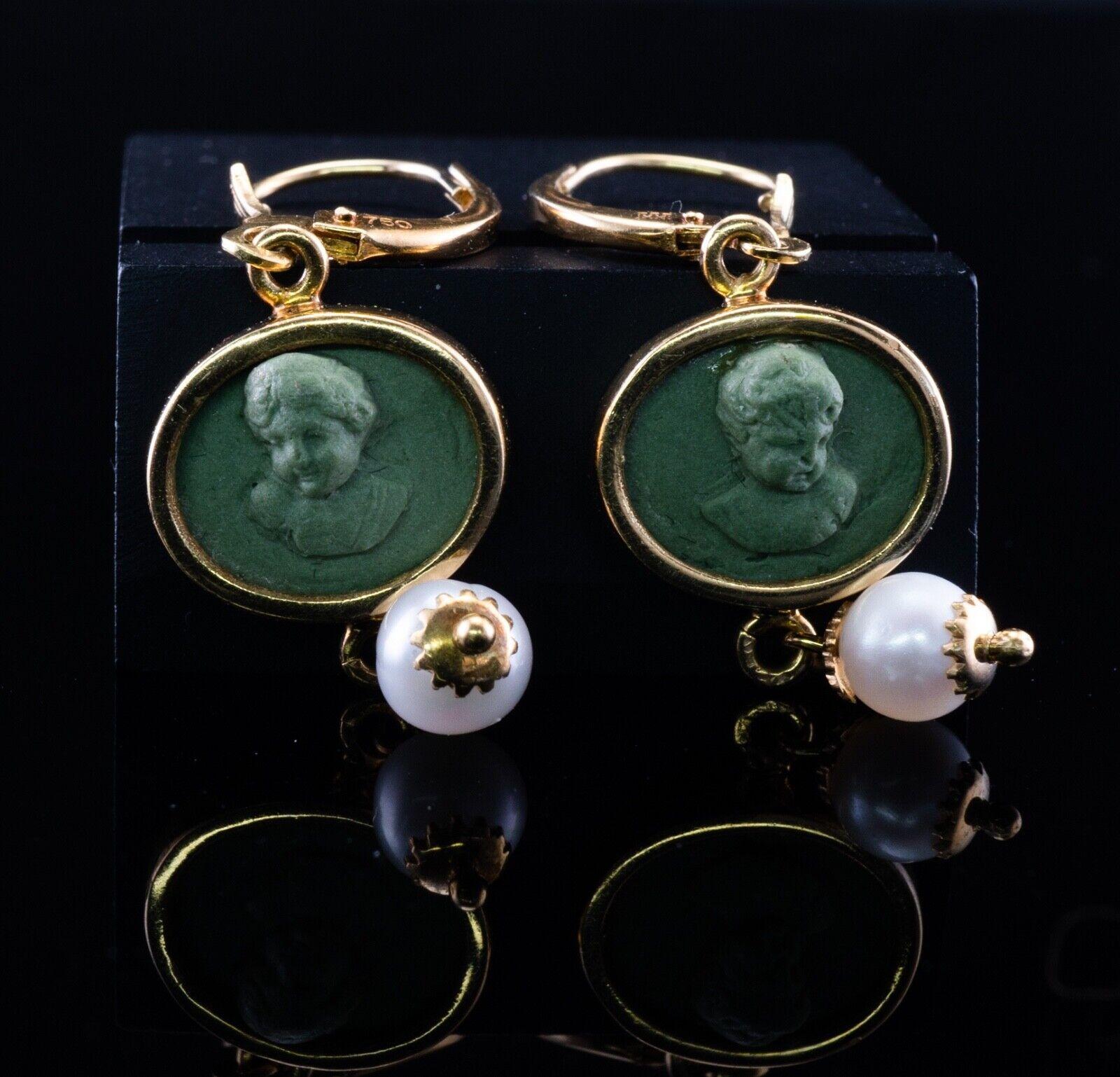 Cherub Angel Cameo Pearl Lava Earrings 18K Gold For Sale 3