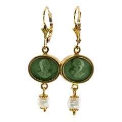 Cherub Angel Cameo Pearl Lava Earrings 18K Gold