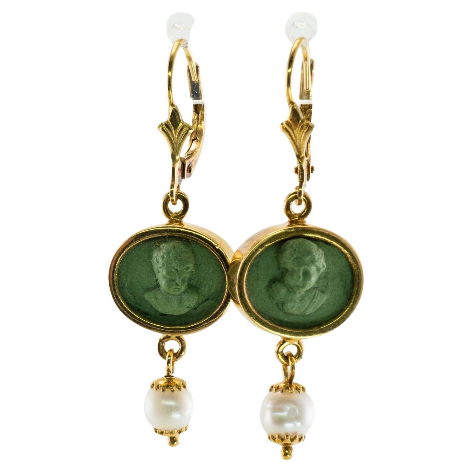 Cherub Angel Cameo Pearl Lava Earrings 18K Gold