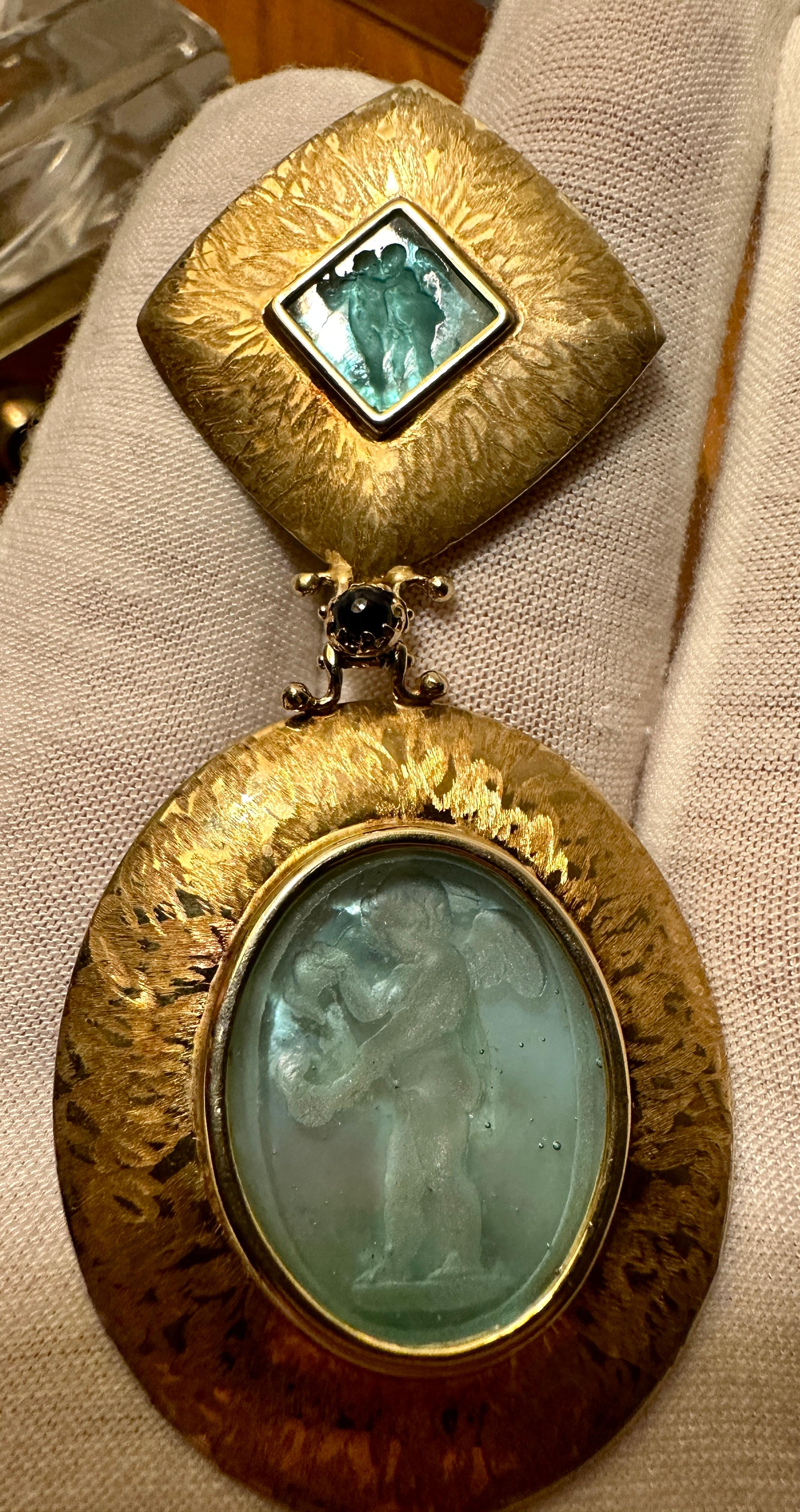 Portrait Cut Cherub Angel Intaglio Pendant Necklace Topaz 14 Karat Gold 3.5 Inches Venetian For Sale