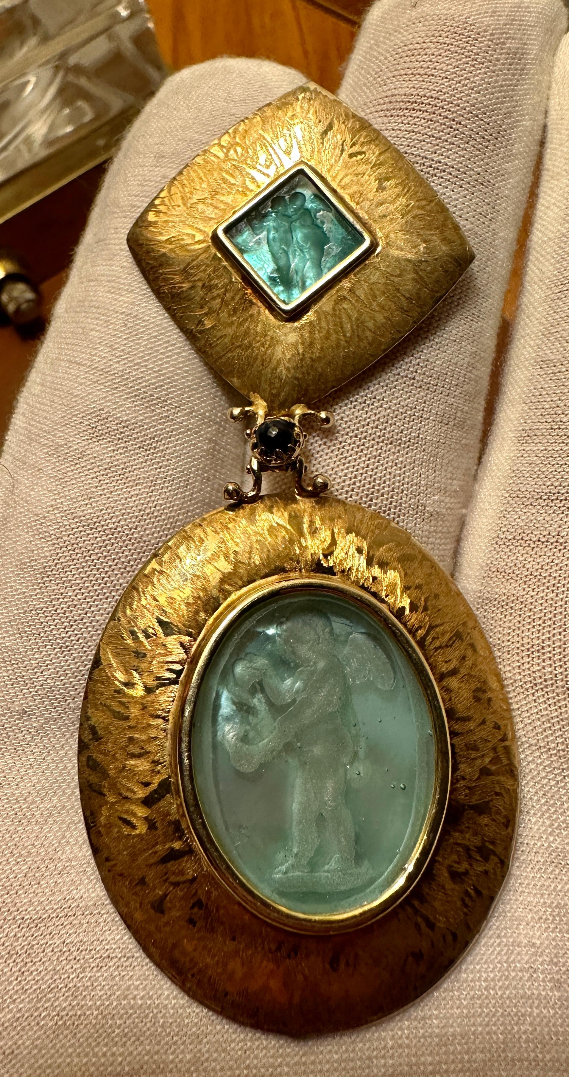 Women's or Men's Cherub Angel Intaglio Pendant Necklace Topaz 14 Karat Gold 3.5 Inches Venetian For Sale