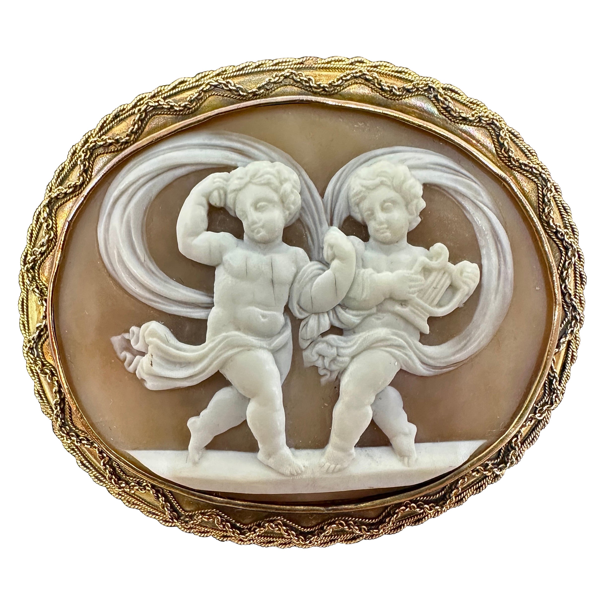 Chérubin Ange Putti Camée Broche Or 14 Karat Qualité Musée Victorien 2.5"